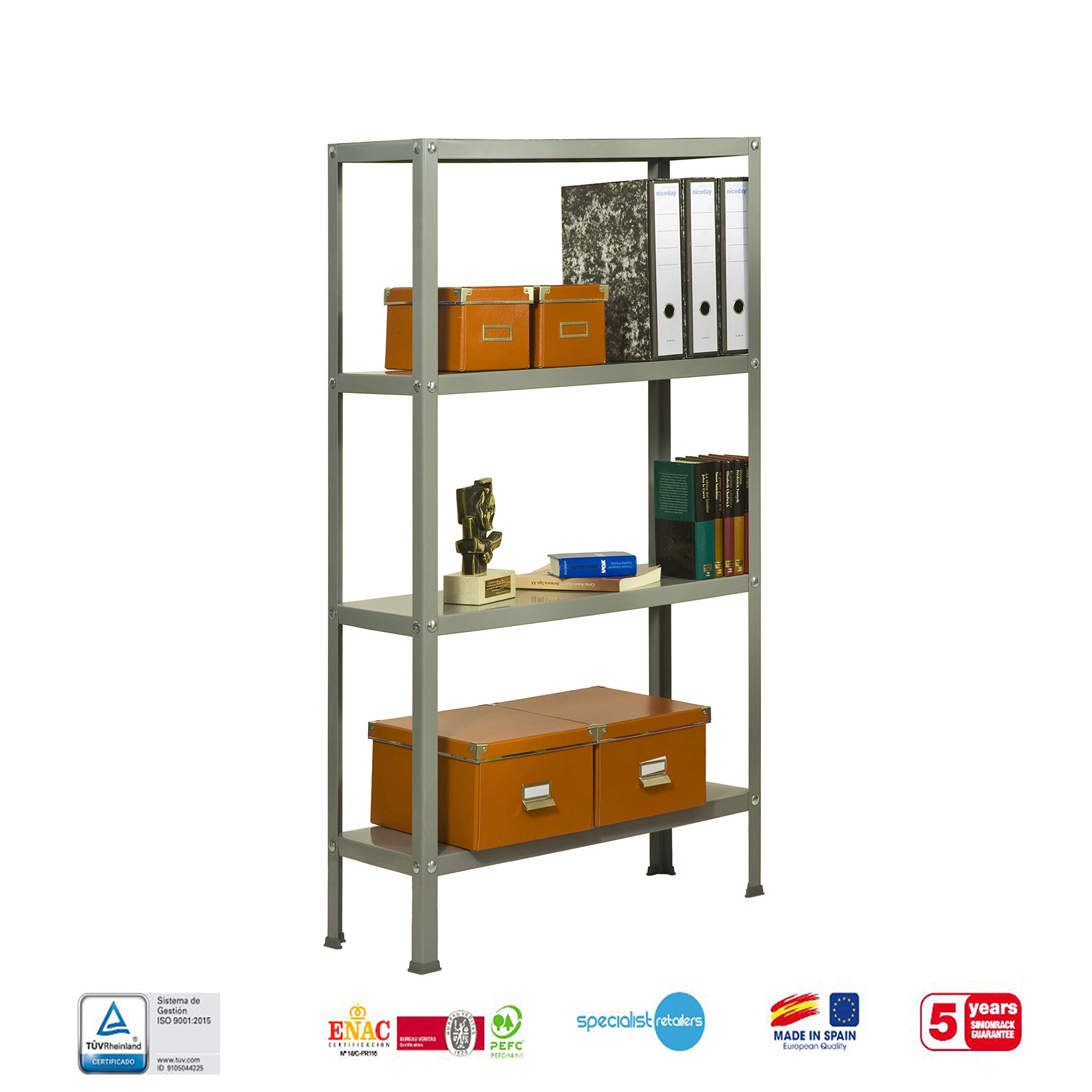 SimonRack Estantería Metálica Almacenaje, 4 Baldas, Alta Capacidad Carga 100 kg, 1600x1000x300 mm, Estantería Salón Baño Cocina, Gris - SimonHome Classic