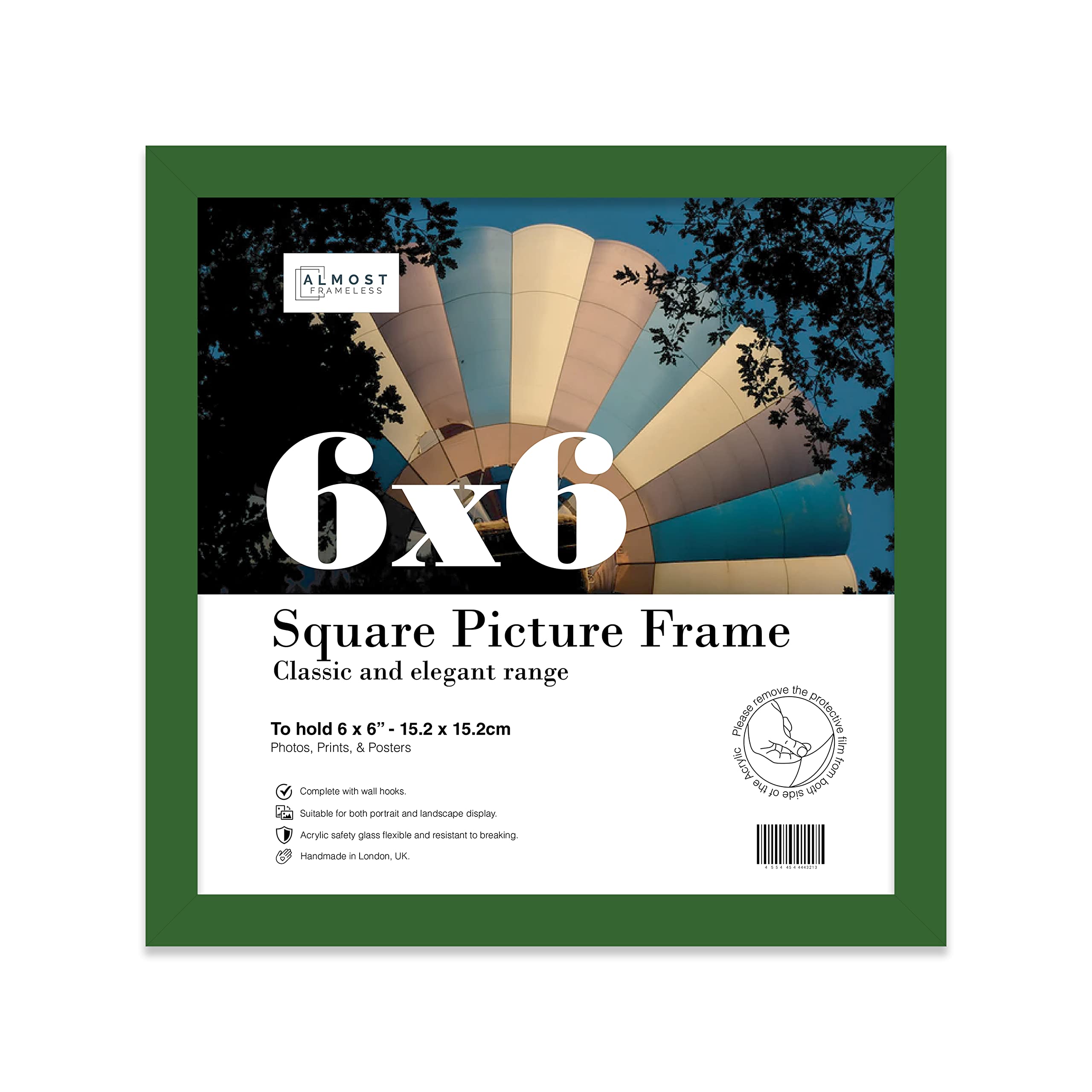 6x6 Inch Green Square Thin Photo Frame Wall Mountable and Freestanding Thin Picture Frame Standard Square Photograph Size, 6" X 6"(15.2 X 15.2cm)