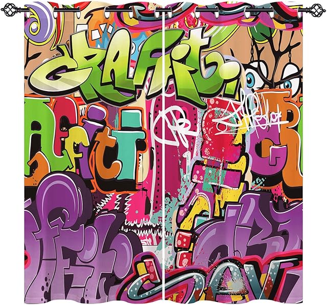 ANHOPE Graffiti Curtains Eyelet 80% Blackout Room Darkening Curtains with Modern Street Abstract Hip Hop Print Pattern Light Blocking Window Drapes for Bedroom Living Room 46 x 54 Inch Drop 2 Panels