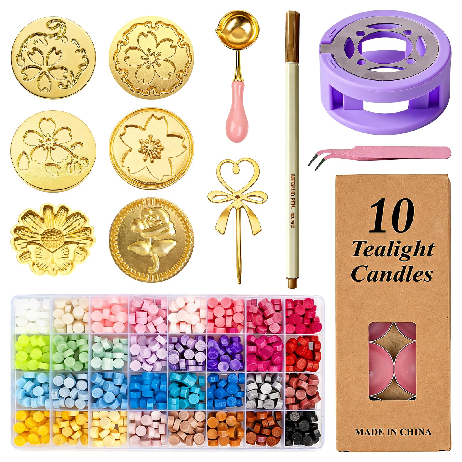 1121Pcs Wax Seal Kit, Sealing Wax Beads Set with Warmer, 6PCS Alien Seal Head Lacquer spoon Blue Handle 10PCS Candles 1Pcs Metallic Pens for Stamps