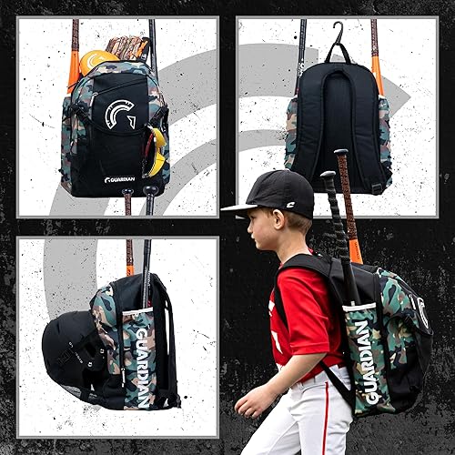 Miniatura 4 de Guardian Rookie - Mochila de béisbol para niños o niñas, bolsa de murciélago para almacenamiento externo de casco para niños, capacidad para dos