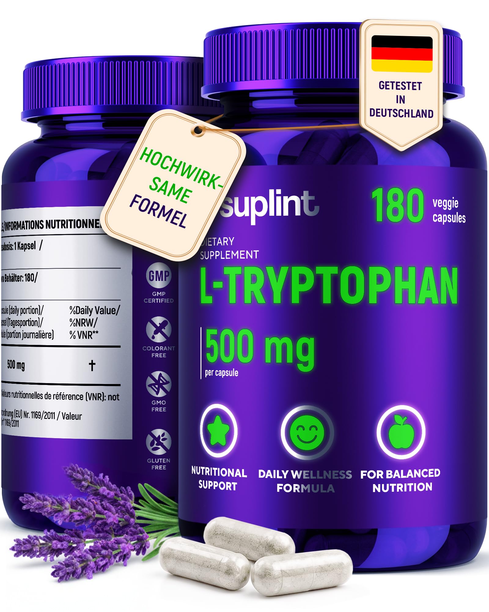 L-Tryptophan 500 mg Kapseln Hochdosiert – 180 vegane Kapseln – 3 Pack | Essenzielle Aminosäure – 1 Kapsel täglich, Vorrat für 180 Tage – GMP-zertifiziert & in Deutschland laborgeprüft
