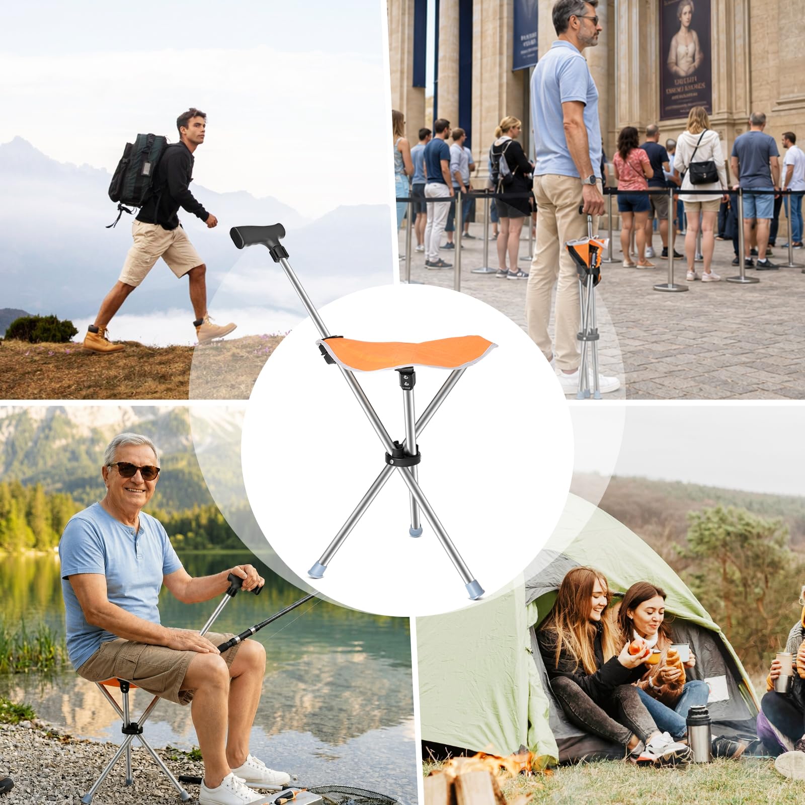 Bastón triangular con asiento, 2 en 1, plegable, peso ligero, 150 kg, para personas mayores y adultos, ideal para viajes al aire libre, camping y montañismo
