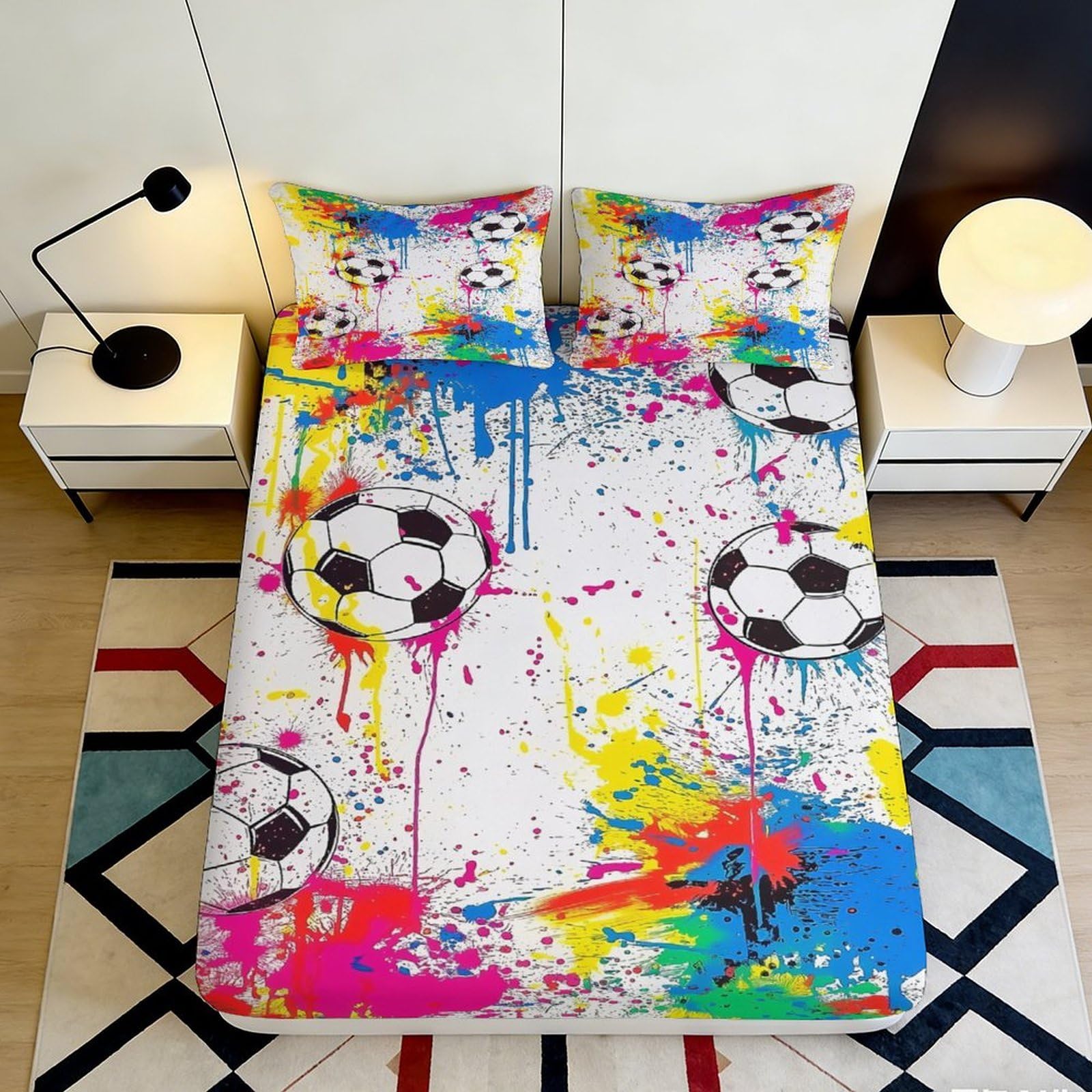 3D Printed Soccer Splash Fitted Sheet Microfiber Colourful Graffiti Bed Cover for Bedroom Guest Room Mattress Decor 90x200x25cm