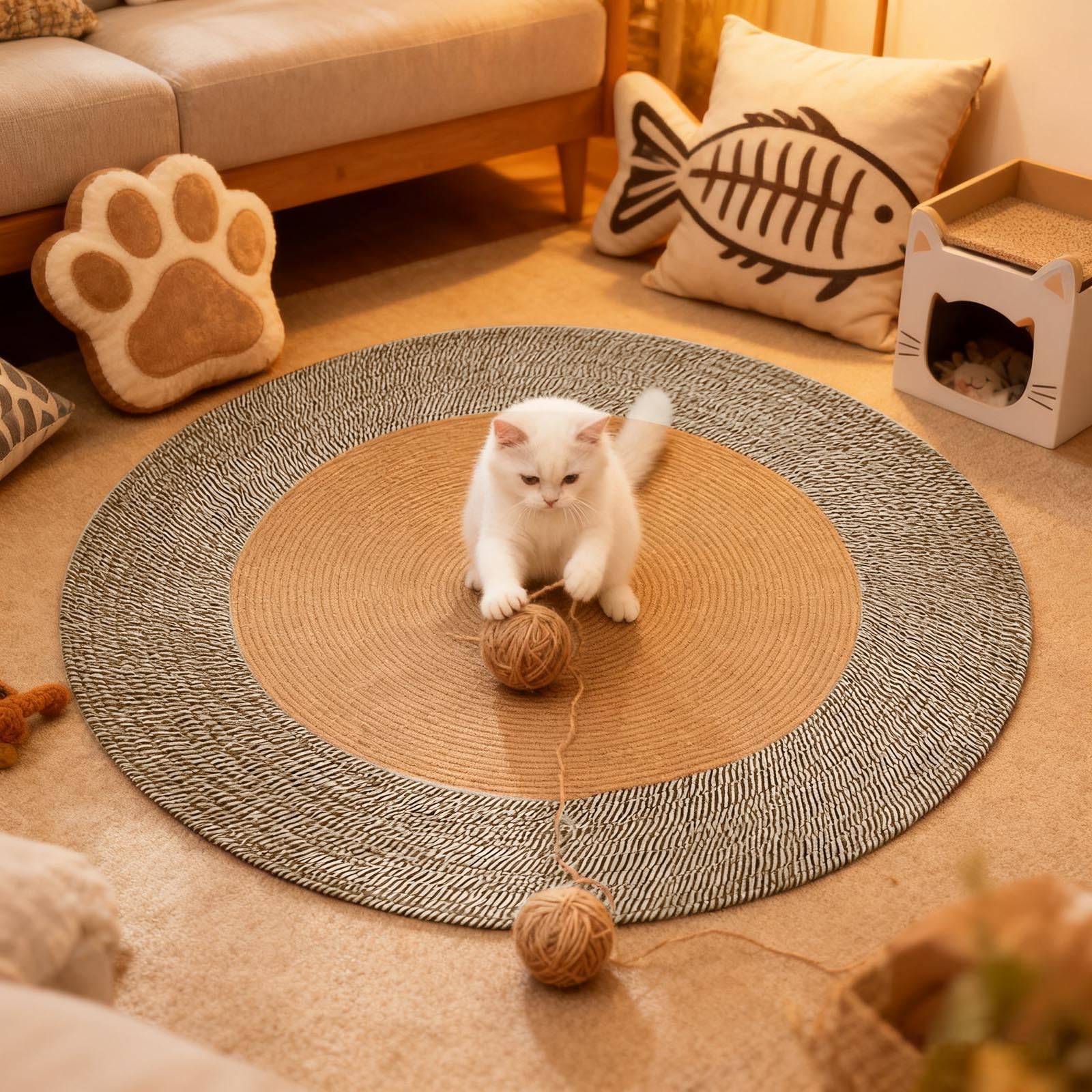 Rope Woven Cat Scratching Rug Reversible Round Floor Mat Natural Fiber Soft Textured Washable Home (F, 80cm)