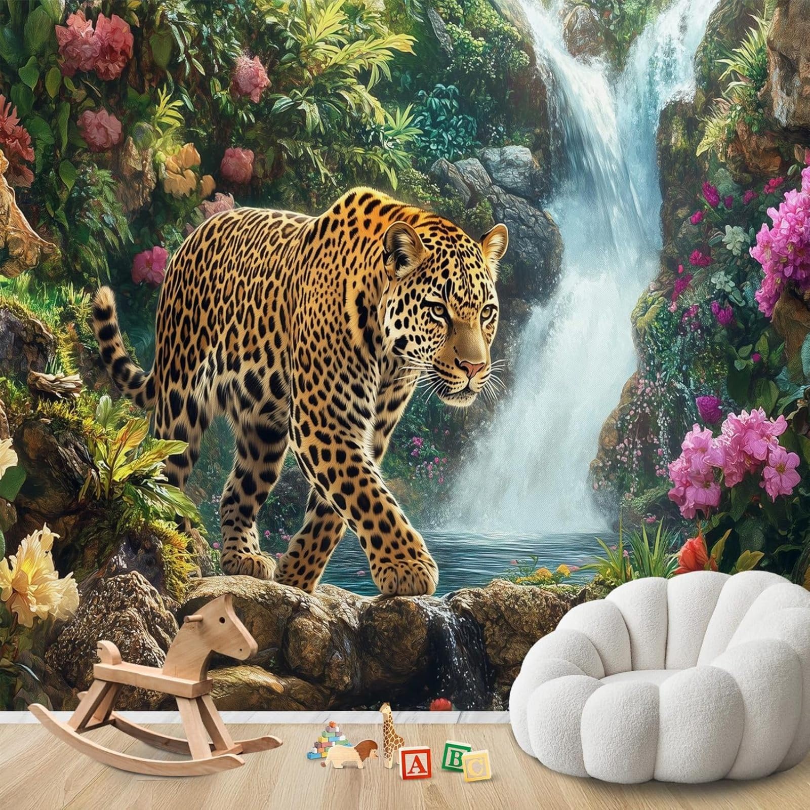 Photo Wallpaper Jungle Leopard Waterfall Tropical Forest Animals Non-Woven Modern Living Room Bedroom Children's Room Wall Decoration Motif Wallpaper,350cmx256cm Stickers - Frameless Painting - Poster
