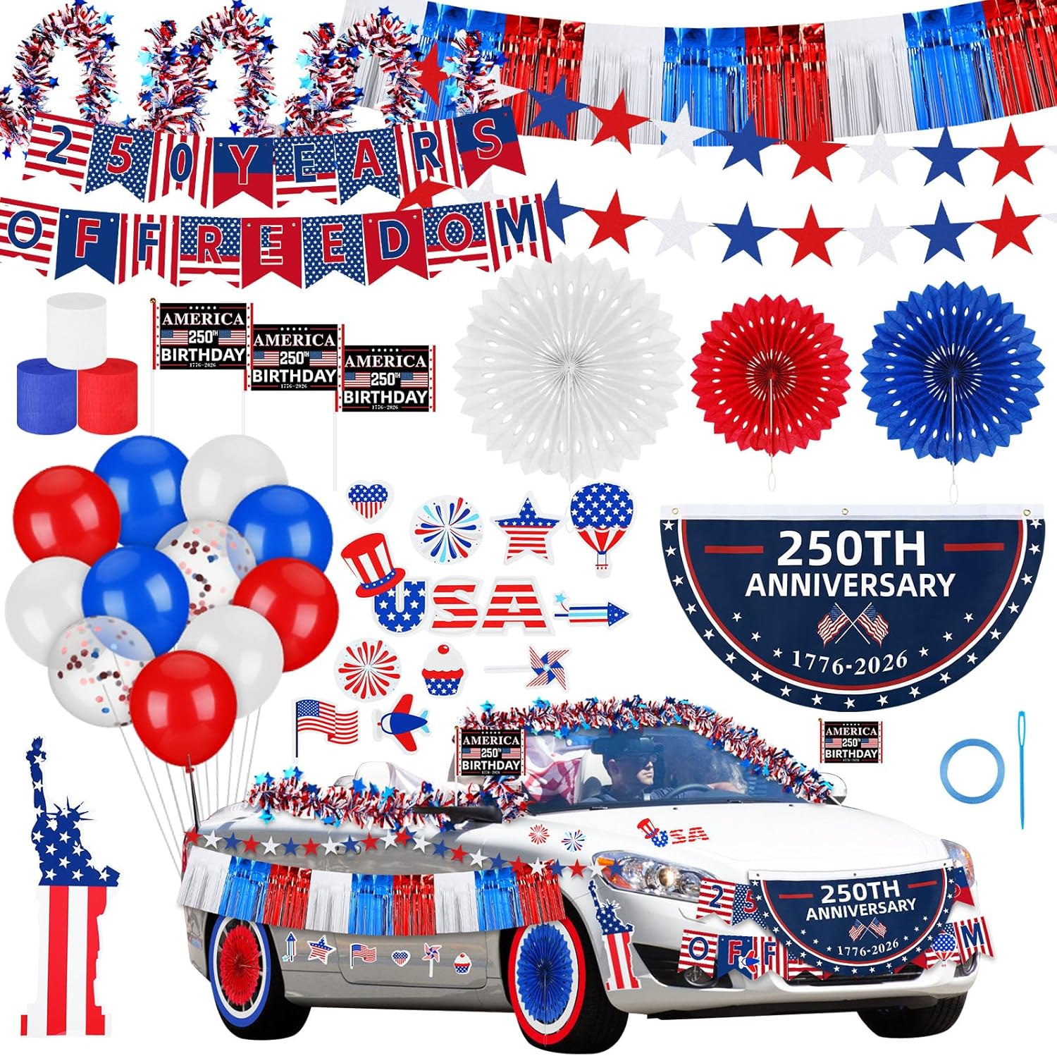250th Anniversary Parade Car Decorations Kit 4th of July Patriotic Golf Cart Decoration Red White Blue Tinsel Garlands American Flag Crepe Paper Streamers Balloons Banners(250 Year)