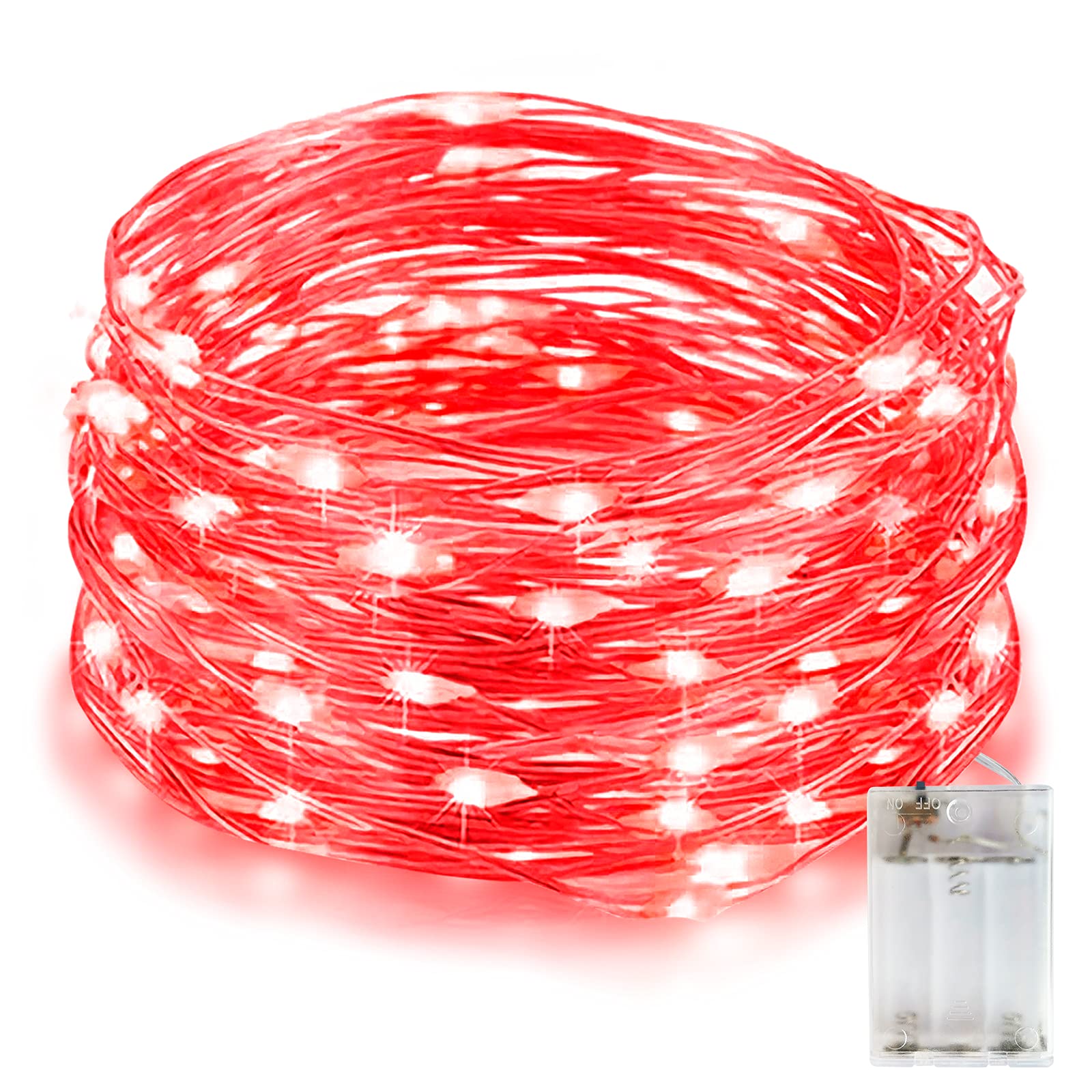EvaStary Guirnalda Luces Rojo, 10M 100LED Cadena de Luces Impermeable IP65，Cadena de Luces Con Pilas 3AA，Para Decorar de Fiestas, Arbol de Navidad, Balcón, Jardín
