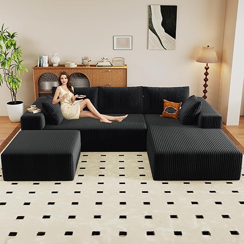 Miniatura 32 de Sofá Nube en Forma de U de 135", Sofá Seccional Modular Moderno Cómodo en Forma de L con Otomana, Asiento Profundo, Chaise Longue Reclinable Negro