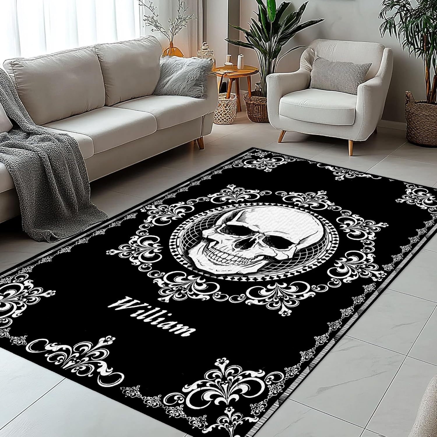 Custom Skull Area Rug – Indoor Outdoor Carpet for Porch, Entryway, Living Room – Personalized Name Hallway Runner – Gift for Wife, Mom, Daughter, Skull Lover, Gothic or Boho Decor