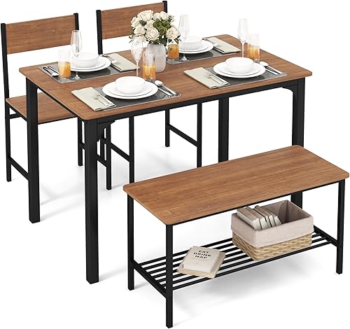Miniatura 10 de Juego de mesa de comedor Tangkula para 4, mesa de cocina y 2 sillas para 4 con banco, juego de mesa de comedor de 4 piezas para espacios pequeños,