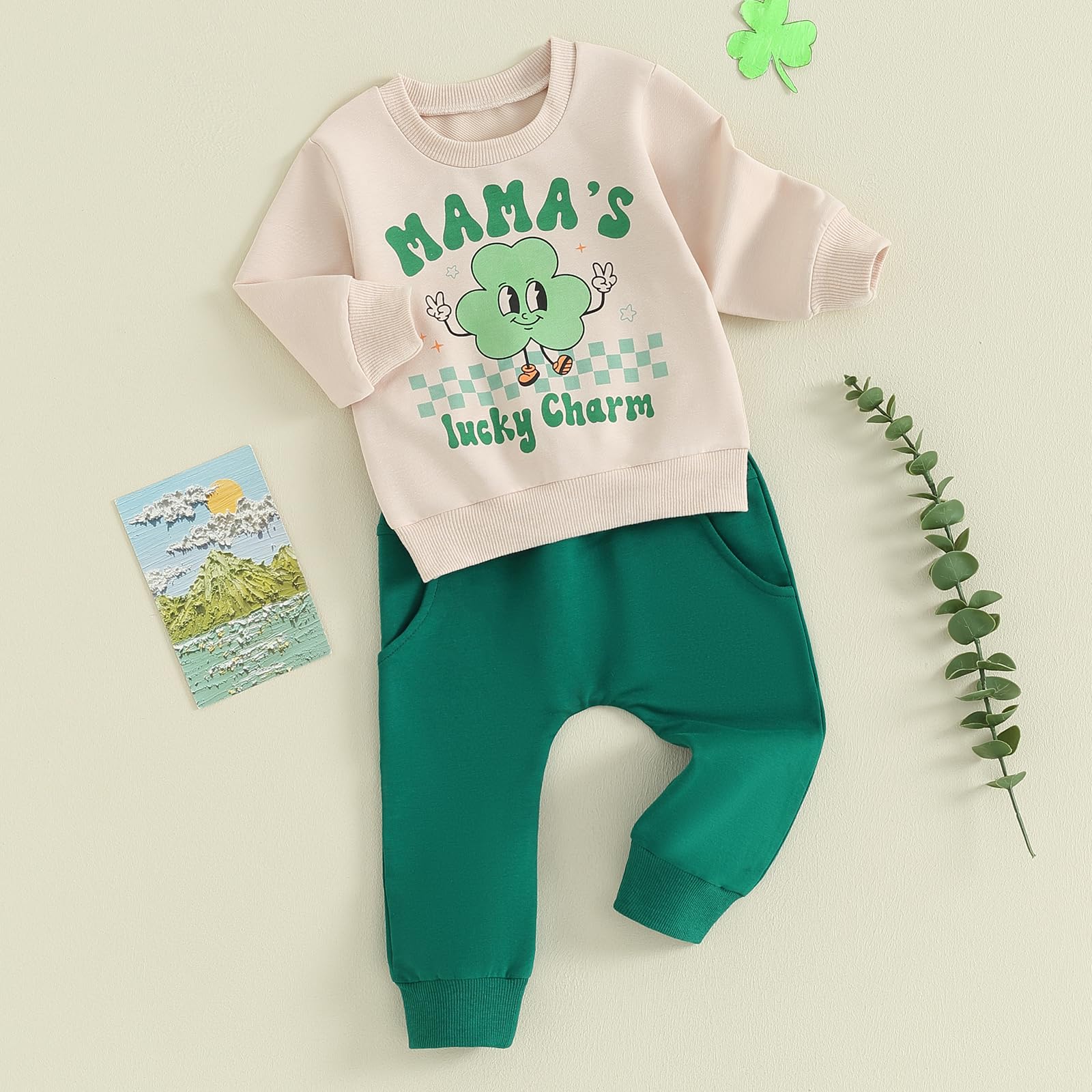 Dewadbow Toddler Baby Boy St. Patrick's Day Outfit Mama's Lucky Charm Sweatshirt Top Pants Set Cute Irish Outfits (Khaki, 12-18 Months)