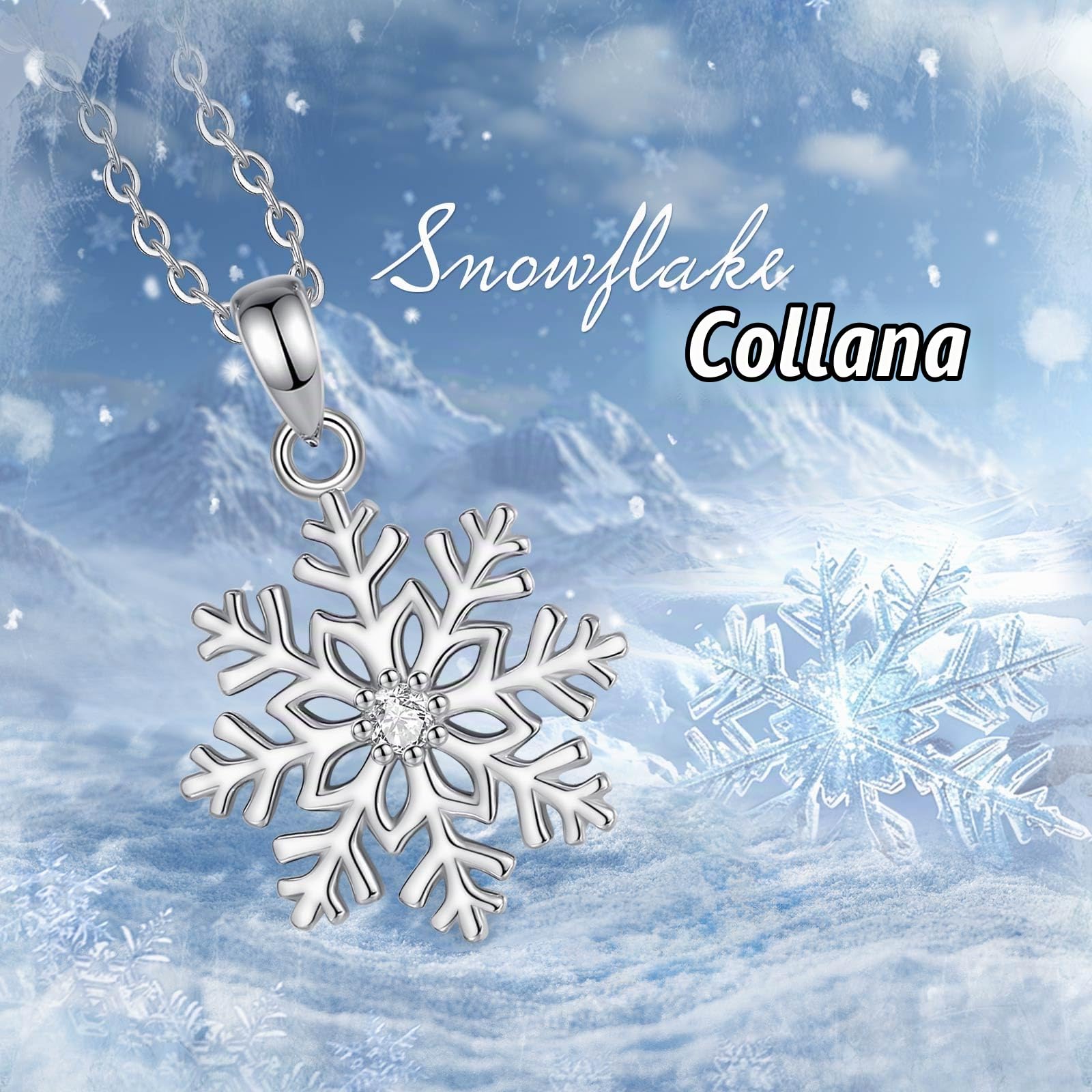 Collana con Ciondolo Fiocco di Neve in Argento Sterling per Donna, Collana con Fiocco di Neve con Zirconi Cubici per Donna Gioielli con Neve Invernale Regalo di Natale, 18"
