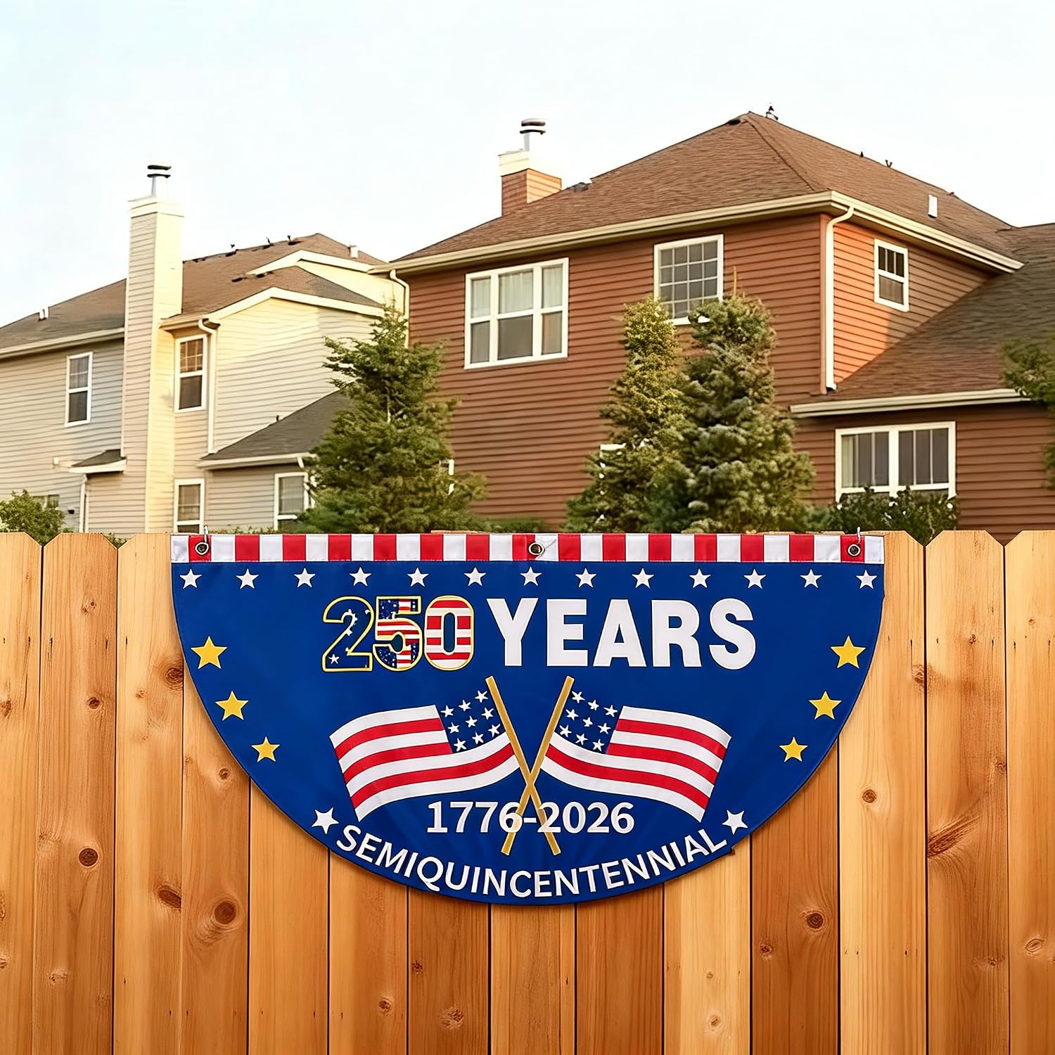 2Pcs 250th Anniversary Fan Bunting Flags, 1.5X3 FT 1776-2026 American Fan Flags Patriotic Party Supply, American Semiquincentennial Half fan flag for Wall, Front Door, Porch, Fence, Outdoor Decoration image 3