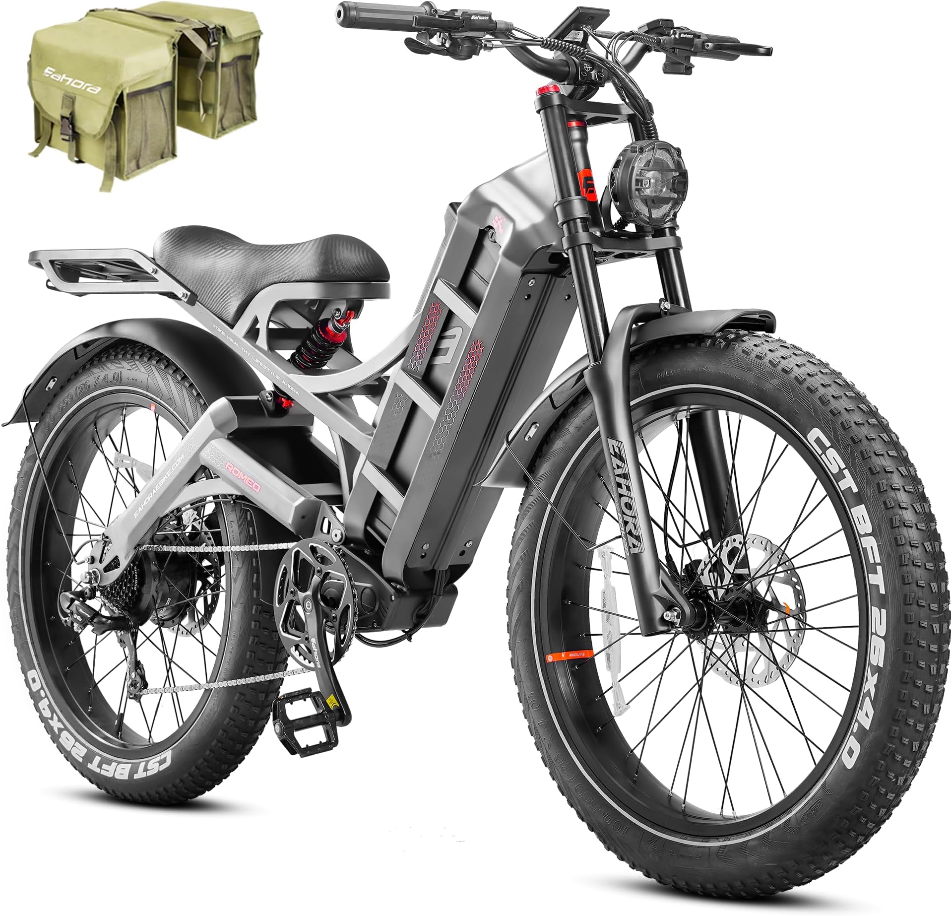 eAhora 2026 Romeo Pro 3 5600W 50Mph High-Torque Ebike, 60V 80Ah 250-Mile Long Range Electric Bike for Adults, Adjustable Air Suspension, 26'' Puncture-Proof Tire, UL 2849 Certified by TÜV