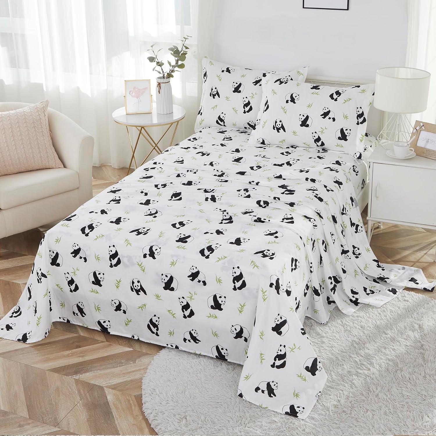 Brandream Full Bed Sheet Set Kids Bedding 100% Soft Cotton Gauze Sheet Pillowcase Set 4Pcs Soft and Breathable,Panda, Green, Girls Boys Bedroom Set