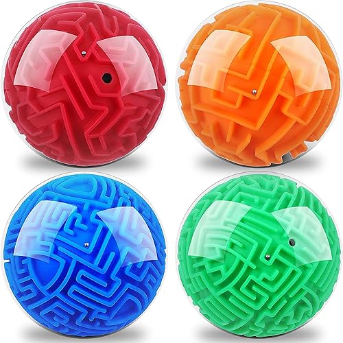 Juego de 4 rompecabezas de bola de laberinto 3D para niños, incluye 4 rompecabezas de rompecabezas en diferentes niveles de dificultad, viajes para