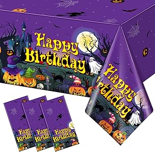 3 Pack Halloween Birthday Plastic Tablecloth for Rectangle Tables, Halloween Happy Birthday Disposable Table Cover, Pumpkin Halloween Birthday Party Decorations for Kids Birthday Party, 54 x 108 Inch