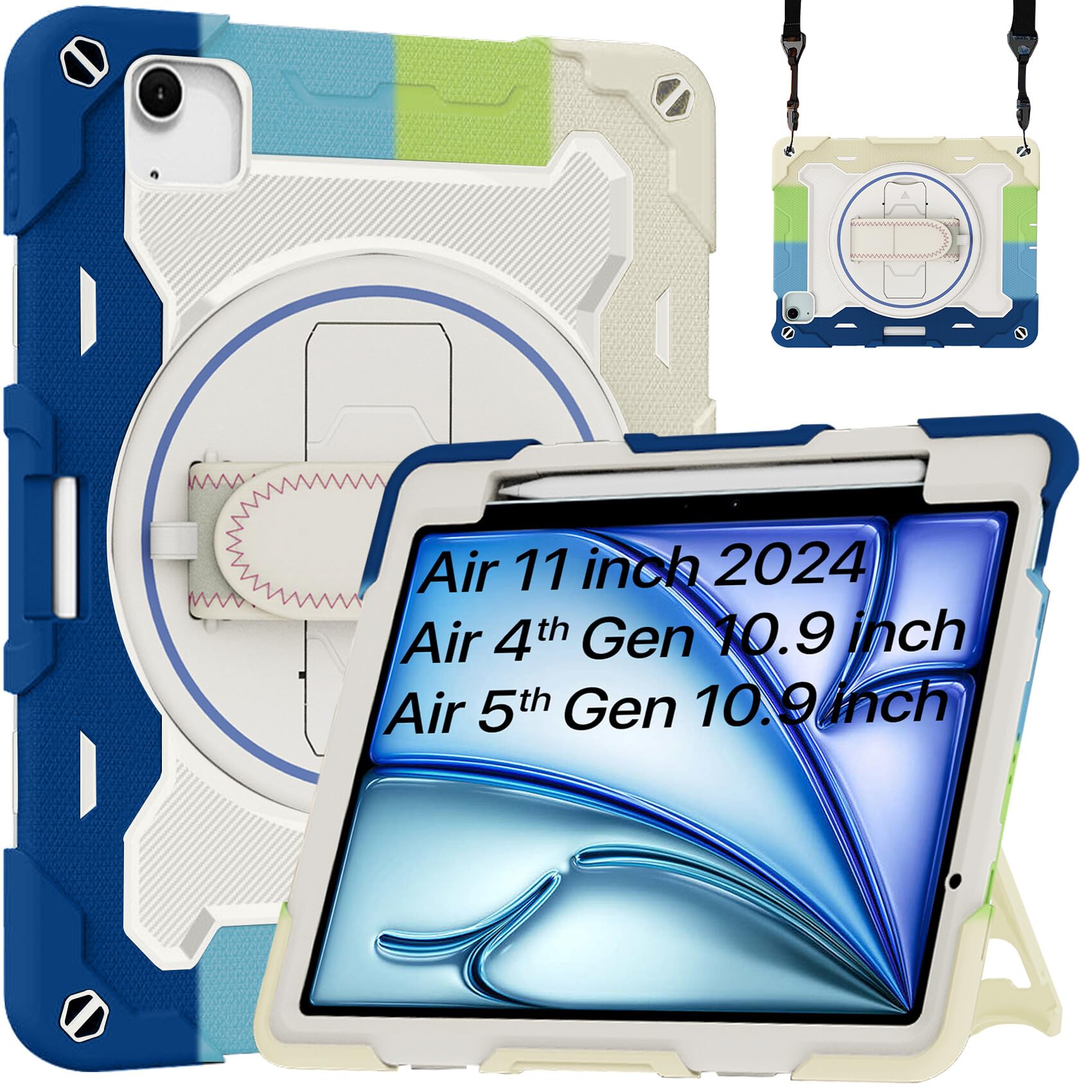 Robustrion for iPad Air 11 inch/iPad Air 4th 5th Generation Cover with [Pencil Holder] Armor Case with [Shoulder Strap] and [360 Rotating Hand Strap] for iPad Air 5th 6th Gen - Rainbow Blue (B0D982R14G) Amazon Price History, Amazon Price Tracker