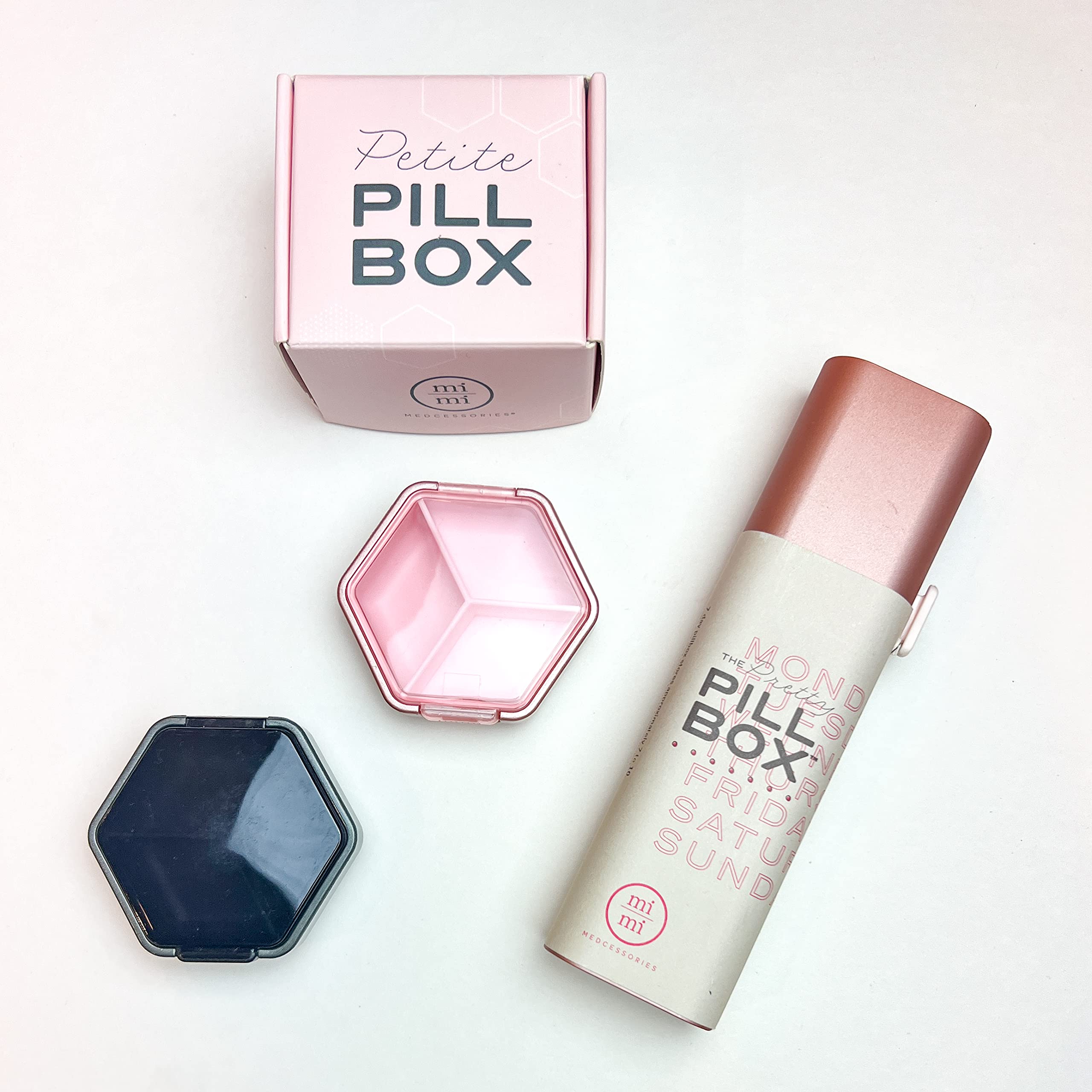 Mimi MedcessoriesPill Organization Set - Stylish Daily & Weekly Pill Management for Modern Living with Petite Pillbox & 7 Day Pretty Pillbox – A Weekly Pill Organizer in Rose & Rose Steele