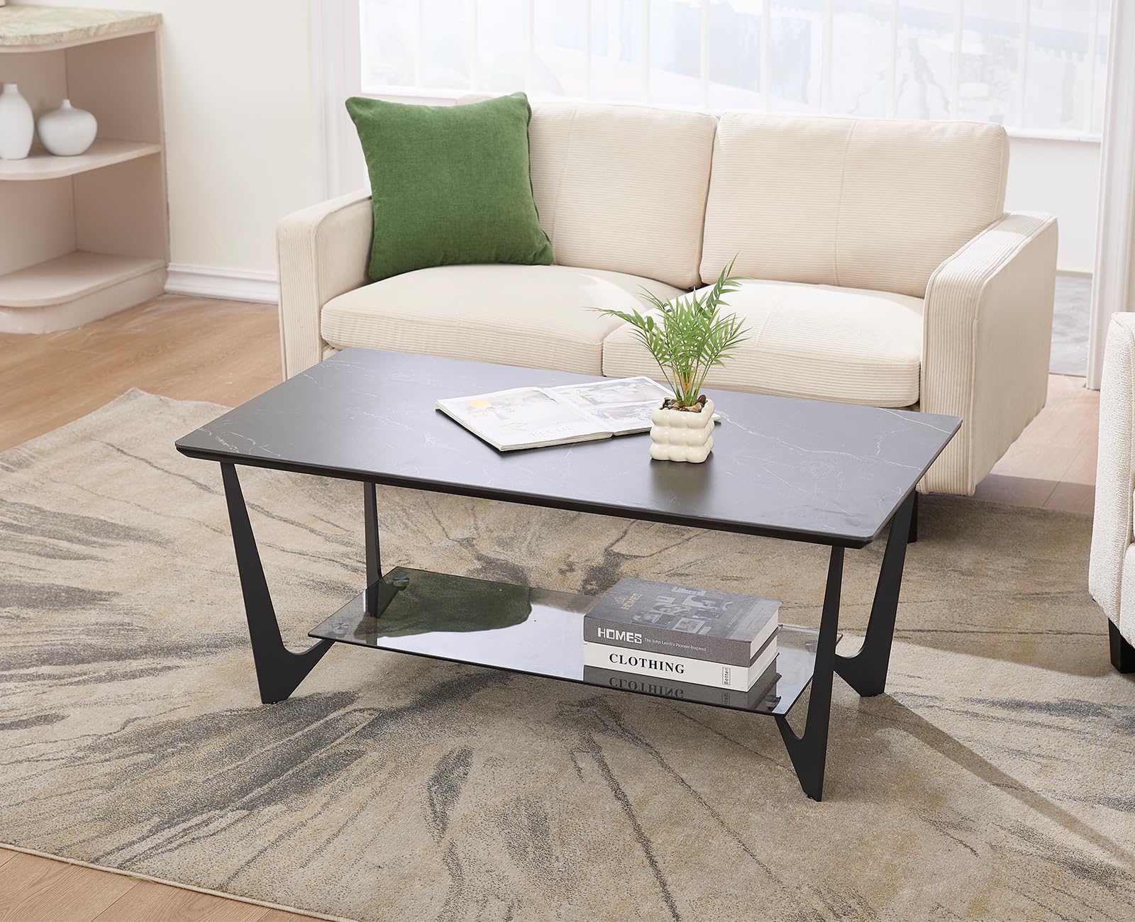 chairus Couchtisch Rechteckig, Marmormuster, 2 Ablagen Stauraum, Schwarz