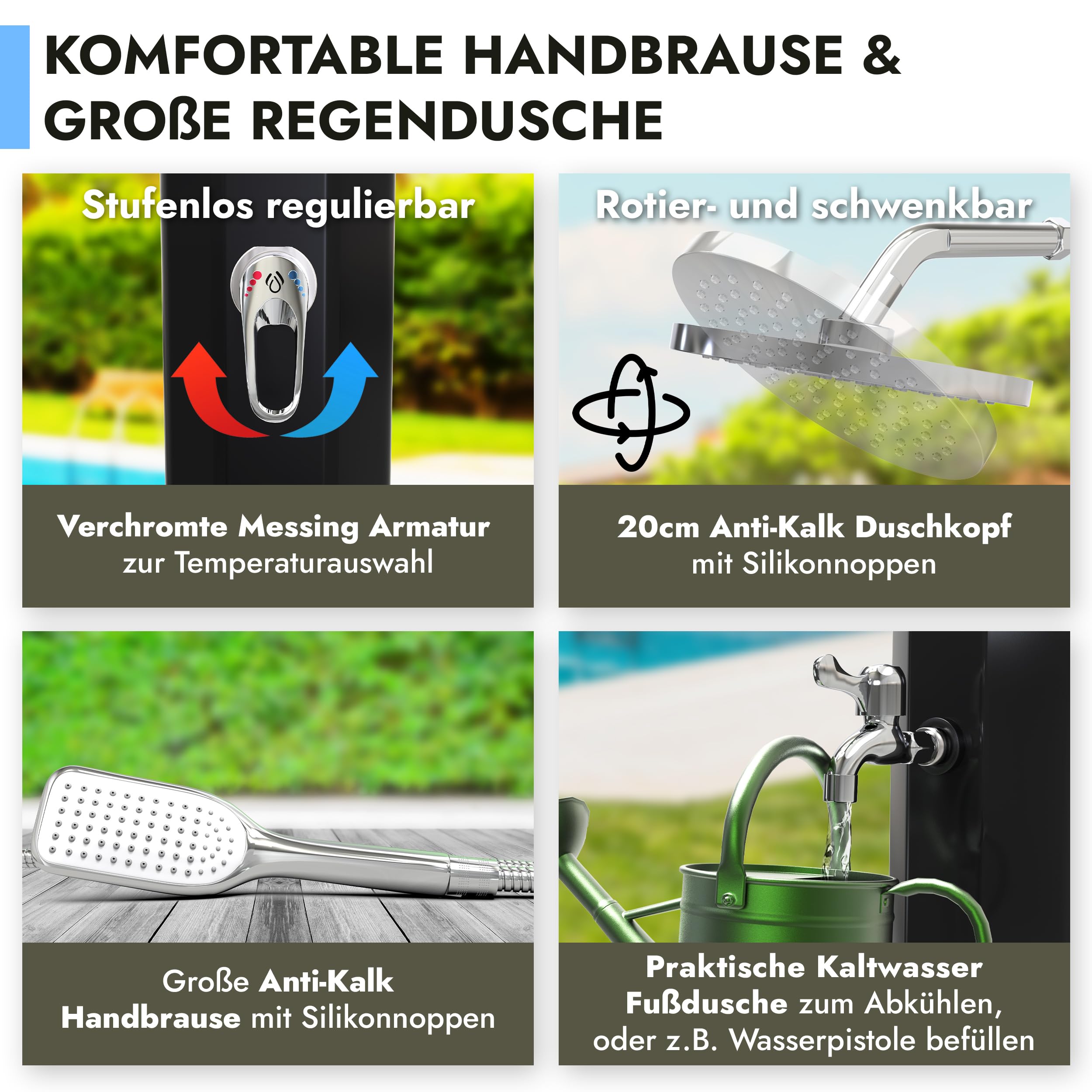 dirks-traumbad Solar Gartendusche Handbrause 35l schwenkbare Regendusche | 20cm Antikalk Funktion Fußdusche I Wasserhahn I Ablassschraube Aussendusche Sauna Outdoor Pooldusche