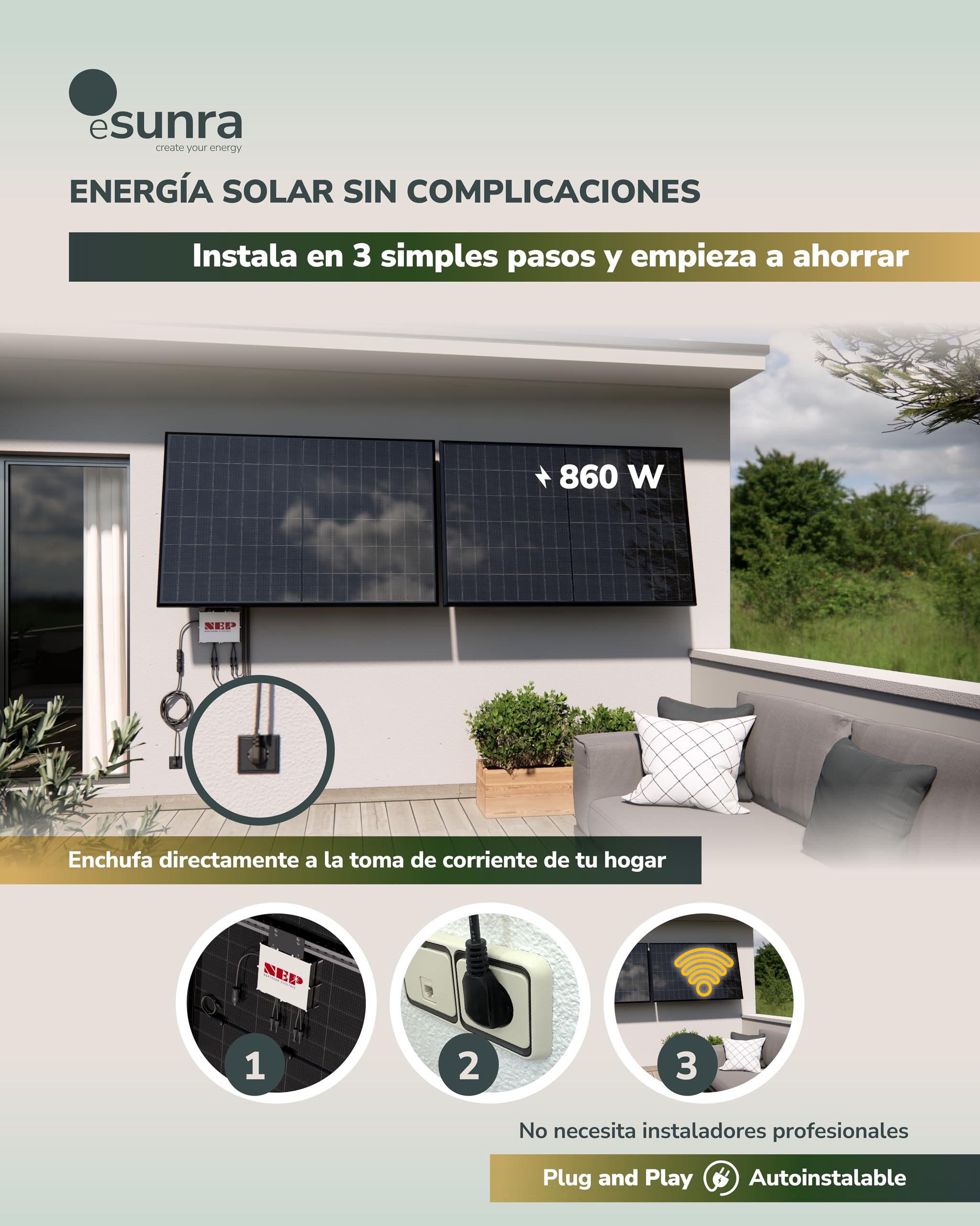 Kit Solar balcón 800W - Plug and Play - 2 paneles solares bifaciales 430W - ALL BLACK - TOPCon - Microinversor NEP BDM800W - Cable de 5 m - App de monitorización