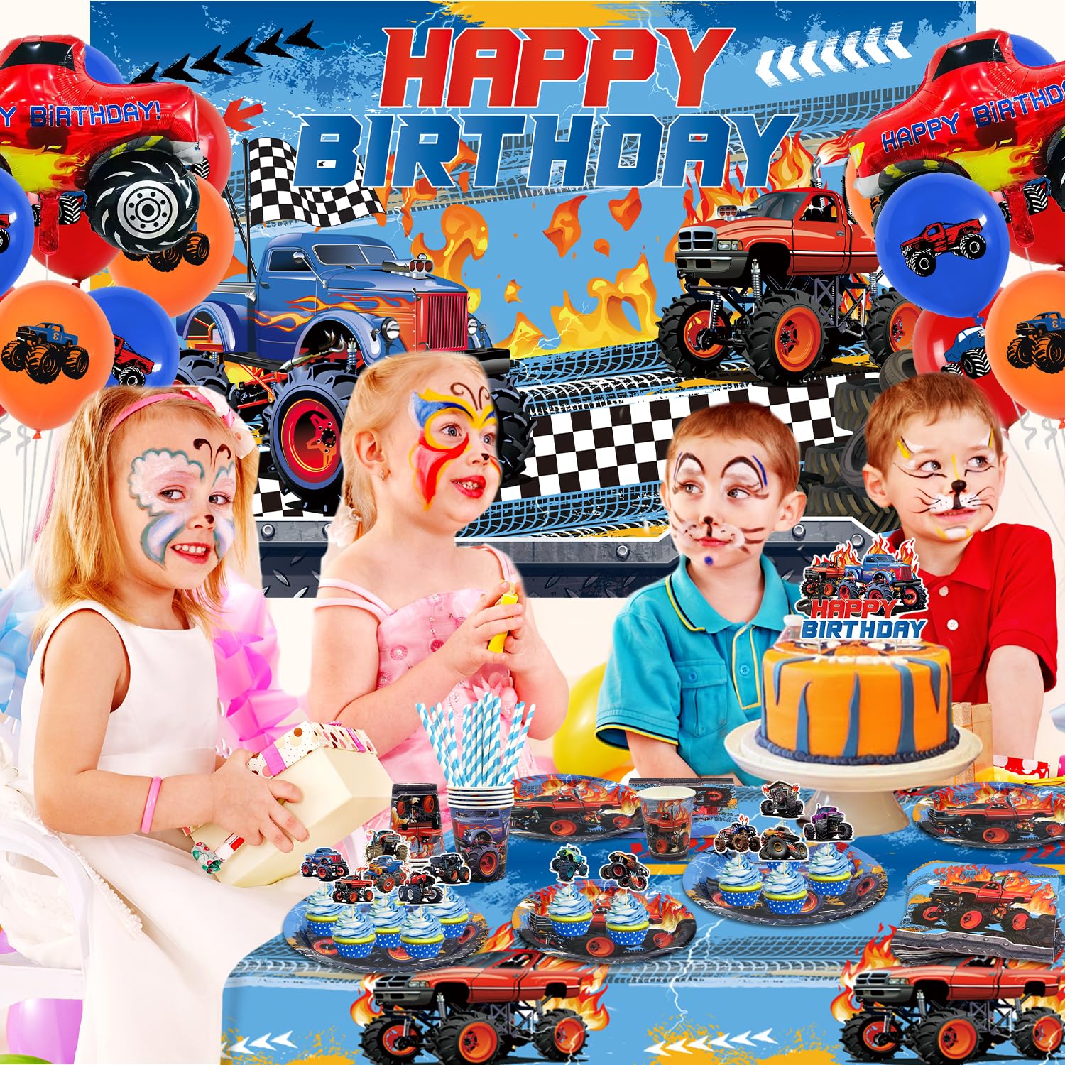 Forniture per feste di compleanno con camion mostro - Kit di decorazioni per feste con camion mostro, inclusi piatti, tazze, tovaglioli, cannucce, tovaglia (20)