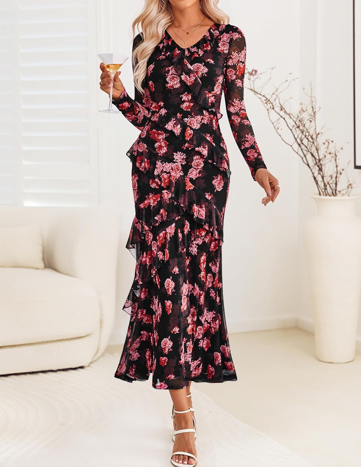 ZESICA Women's Fall Floral Long Sleeve Maxi Dress 2026 Boho Bodycon V Neck Ruffle Wedding Party Long Dresses