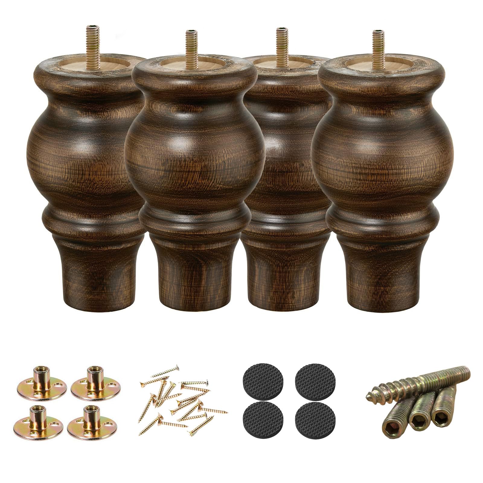 Wood Furniture Legs 5 inch Sofa Legs Set of 4 Round Brown Couch feet Sofa Replacement Parts for cabinets Coffee Tables footstools TV cabinets