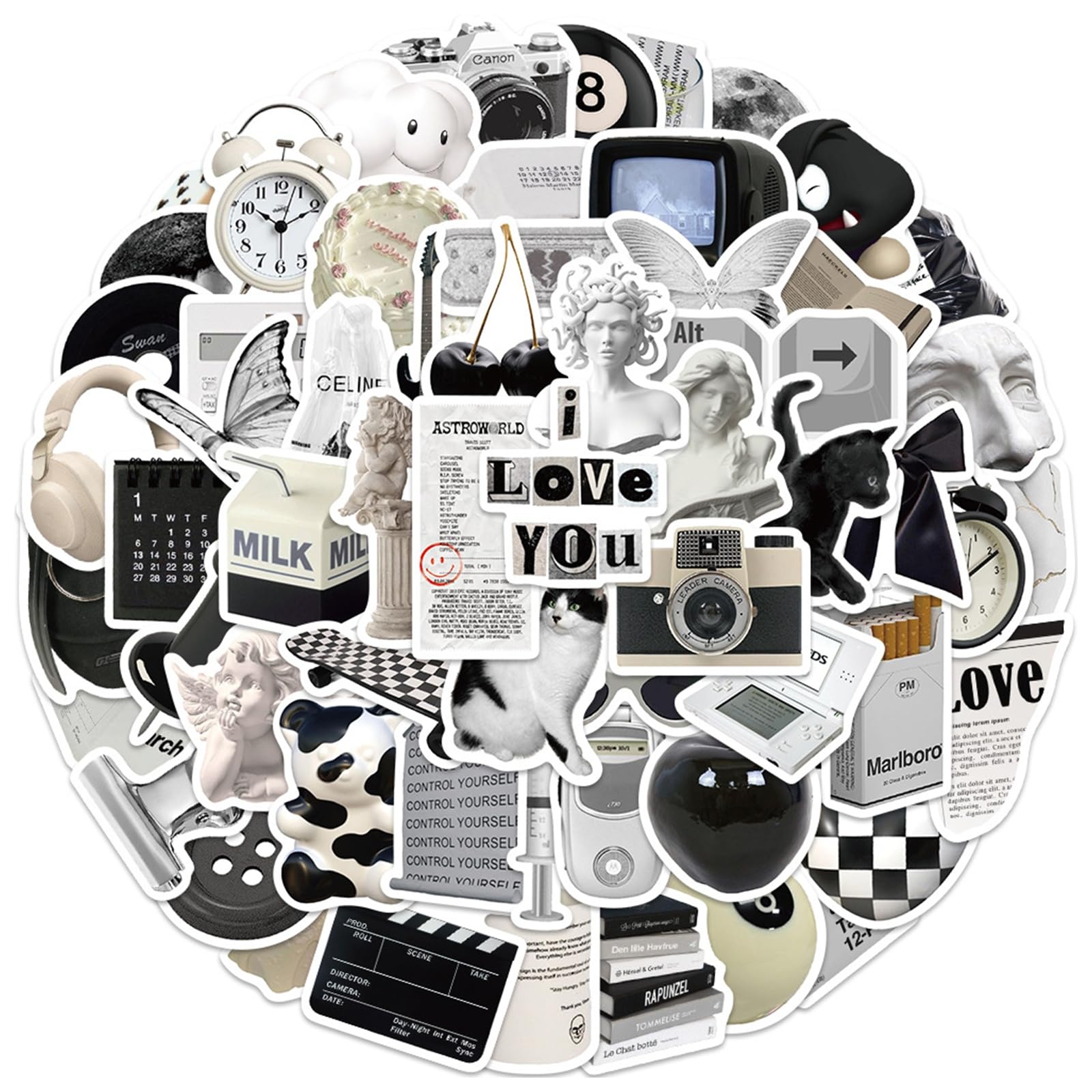 Ggttnrt Black And White 61Pcs Laptop Stickers Scrapbook Stickers, Stickers Aesthetic Personalized Vintage Sticker, For Computer Phone Journal Skateboard Cups, Adults Children (Black And White)