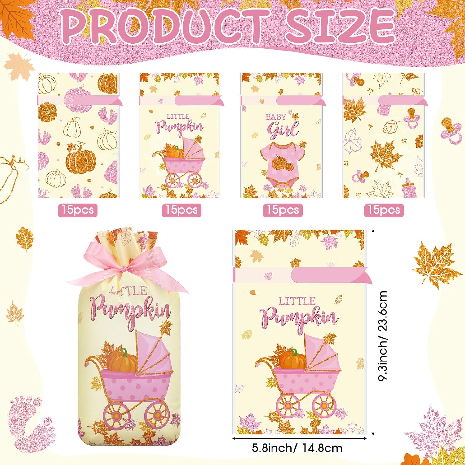 Funrous 60 Pcs Thanksgiving Little Pumpkin Treat Bags Fall Baby Shower Drawstring Candy Goodie Bags Bulk Autumn Maple Leaf Party Favors for Gender Reveal Birthday Supplies(Pink)