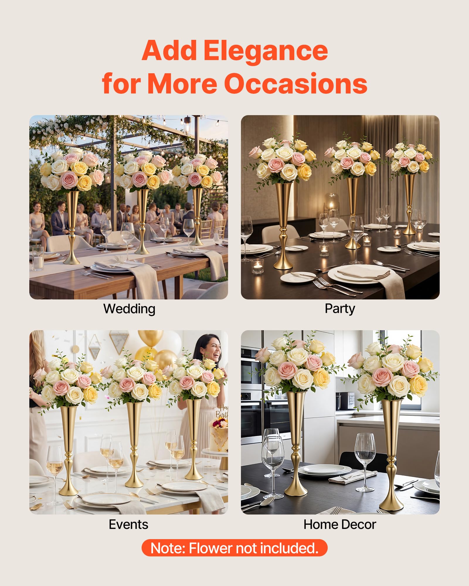 VEVOR Set di 12 Vasi Decorativi Centrotavola per Matrimonio in Metallo, 12 Vasi Supporto per Composizioni Floreali Altezza 55 cm per Decorazioni Banchetti Feste Casa, Finitura Galvanizzata Oro