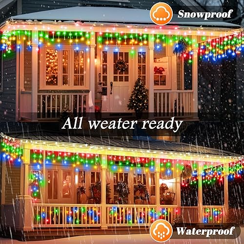 Miniatura 7 de 640 luces LED de Navidad de 65 pies, tira de luces impermeables para exteriores con 120 gotas y 8 modos, cortina de luces parpadeantes para