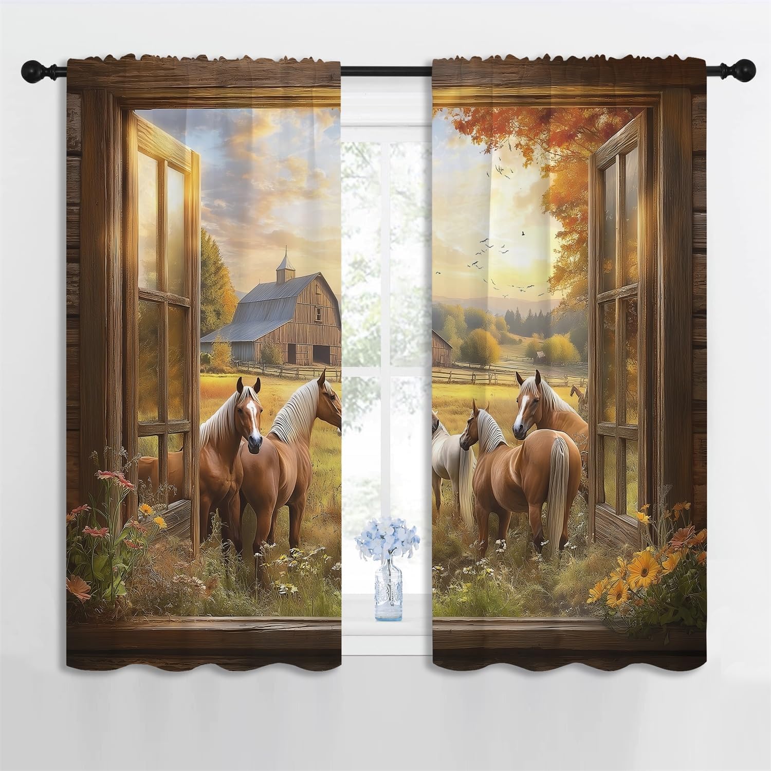 Western Horse Boy Girls Blackout Curtains,Country Barn Farm Wildlife Animal Rustic Sunset Scenery, 2 Panel Rod Pocket Thermal Insulated Drapes for Bedroom, Living, Kids Teen Room Deco 42x63 inch