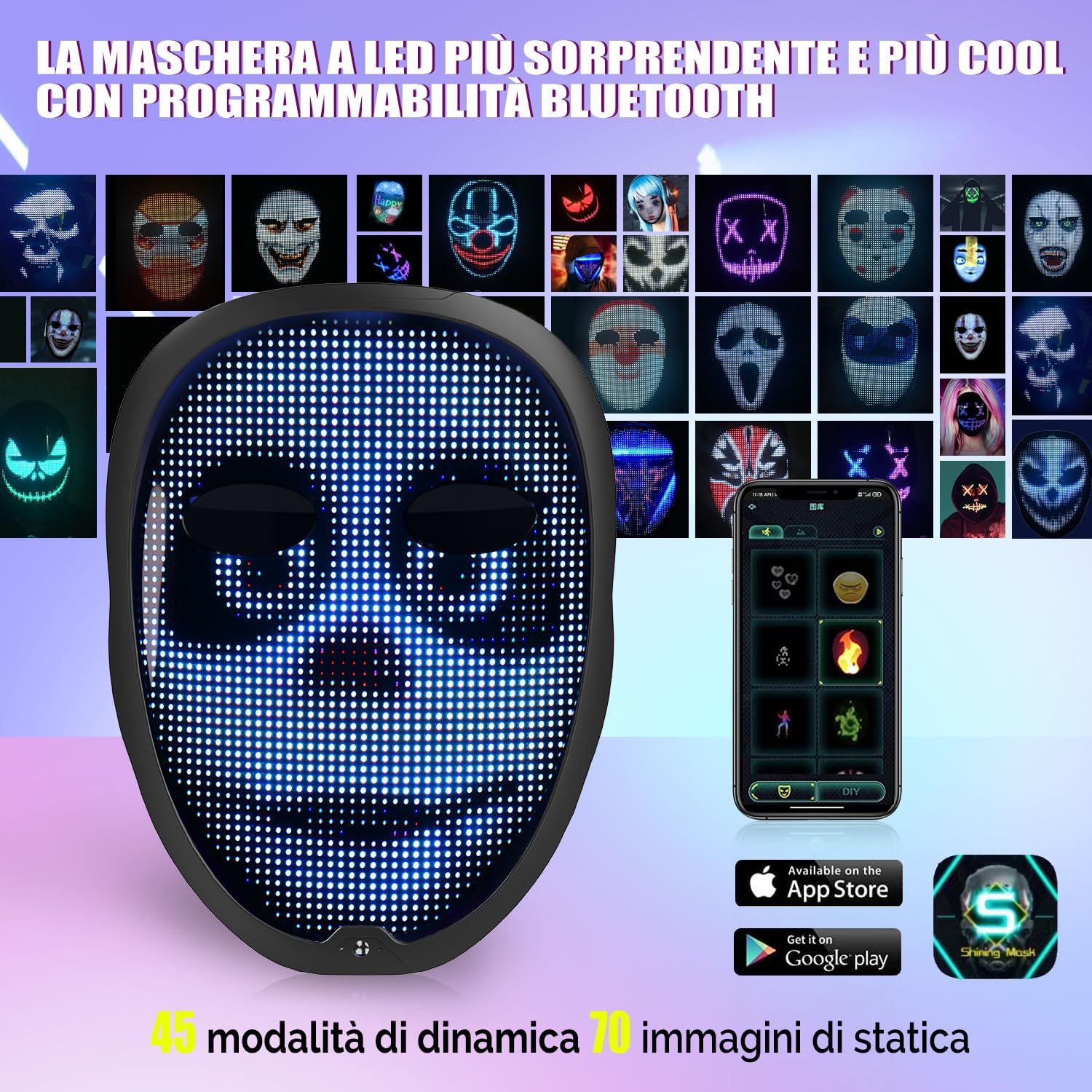 megoo Maschera led con bluetooth app programmazione,Maschera luminosa digitale elettronica a led,per halloween costume partito festa mascherata cosplay dj rave,cool led Maschera per adulti/bambini