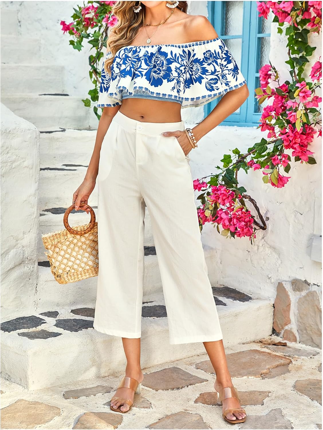 SweatyRocks Women's Boho Off The Shoulder Crop Tops Ruffle Floral Summer Blouses - Image 6