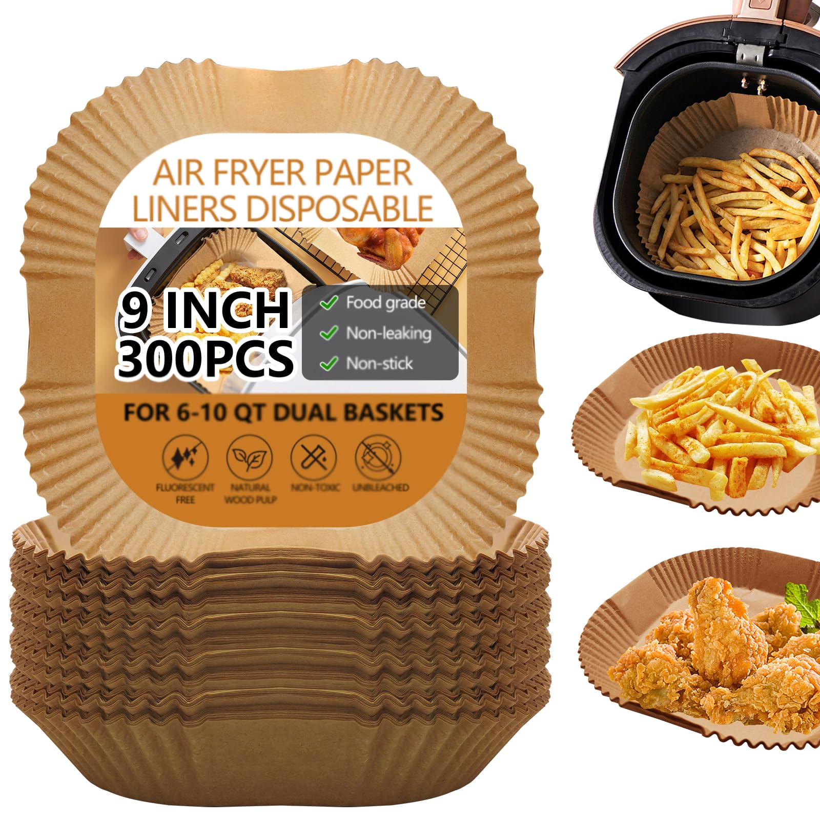 UBeesize Fogli di carta per friggitrice ad aria, 22,9 cm, 300 pezzi, fogli di carta usa e getta per friggitrice ad aria, fogli antiaderenti quadrati privi di candeggina (dimensione inferiore 20 cm)