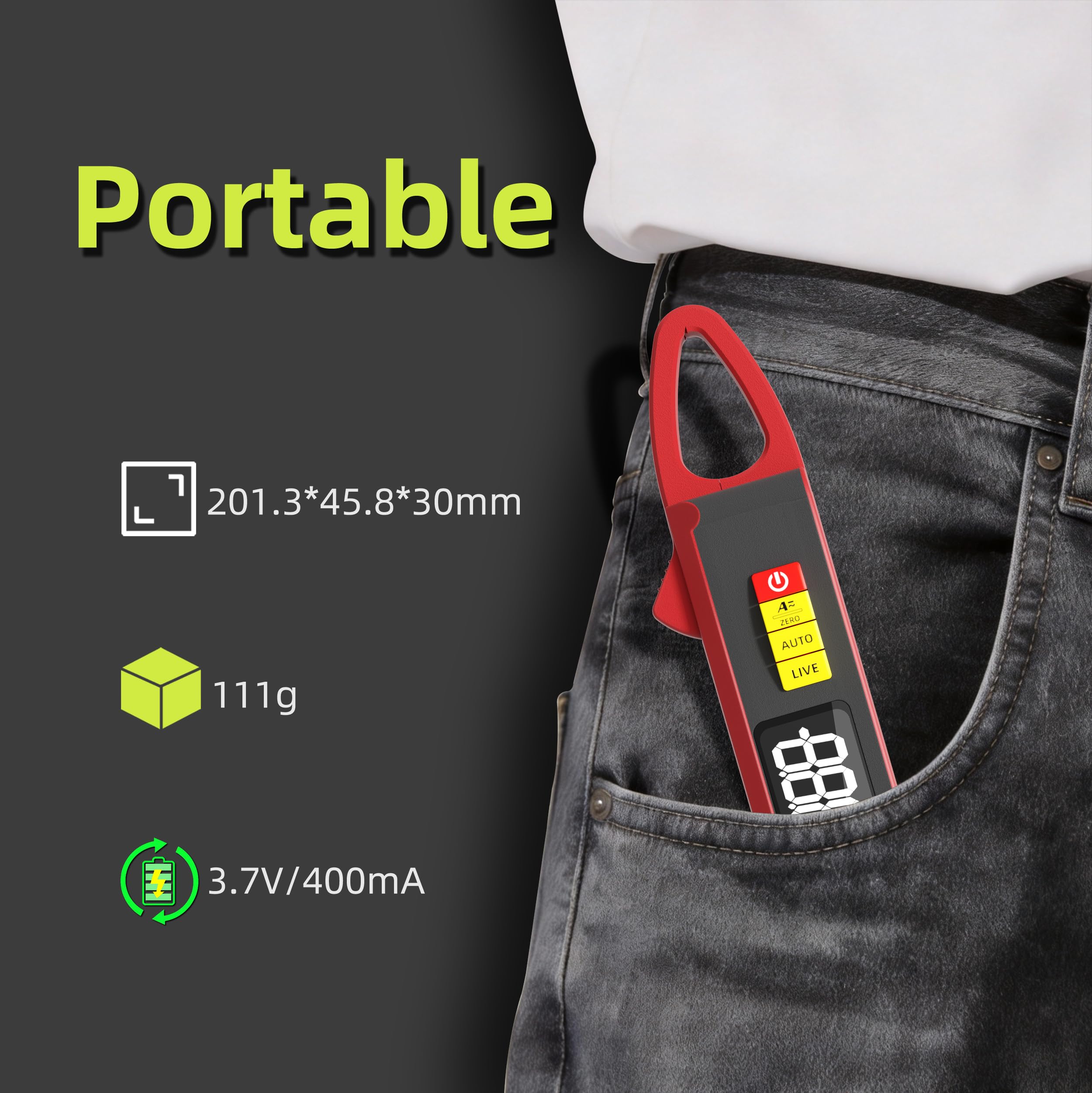 BSIDE UX2 Digital Stromzange DC AC TRMS 200A Klein Mini, Smart Multimeter Wiederaufladbar für Spannung Strom Kapazität Widerstand Dioden Frequenz Temperatur und Stromleitungen Messen