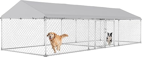 PawHut Perrera para perros al aire libre, 20 x 7.5 x 5.2 pies, perrera grande resistente para dos habitaciones exteriores con techo impermeable,