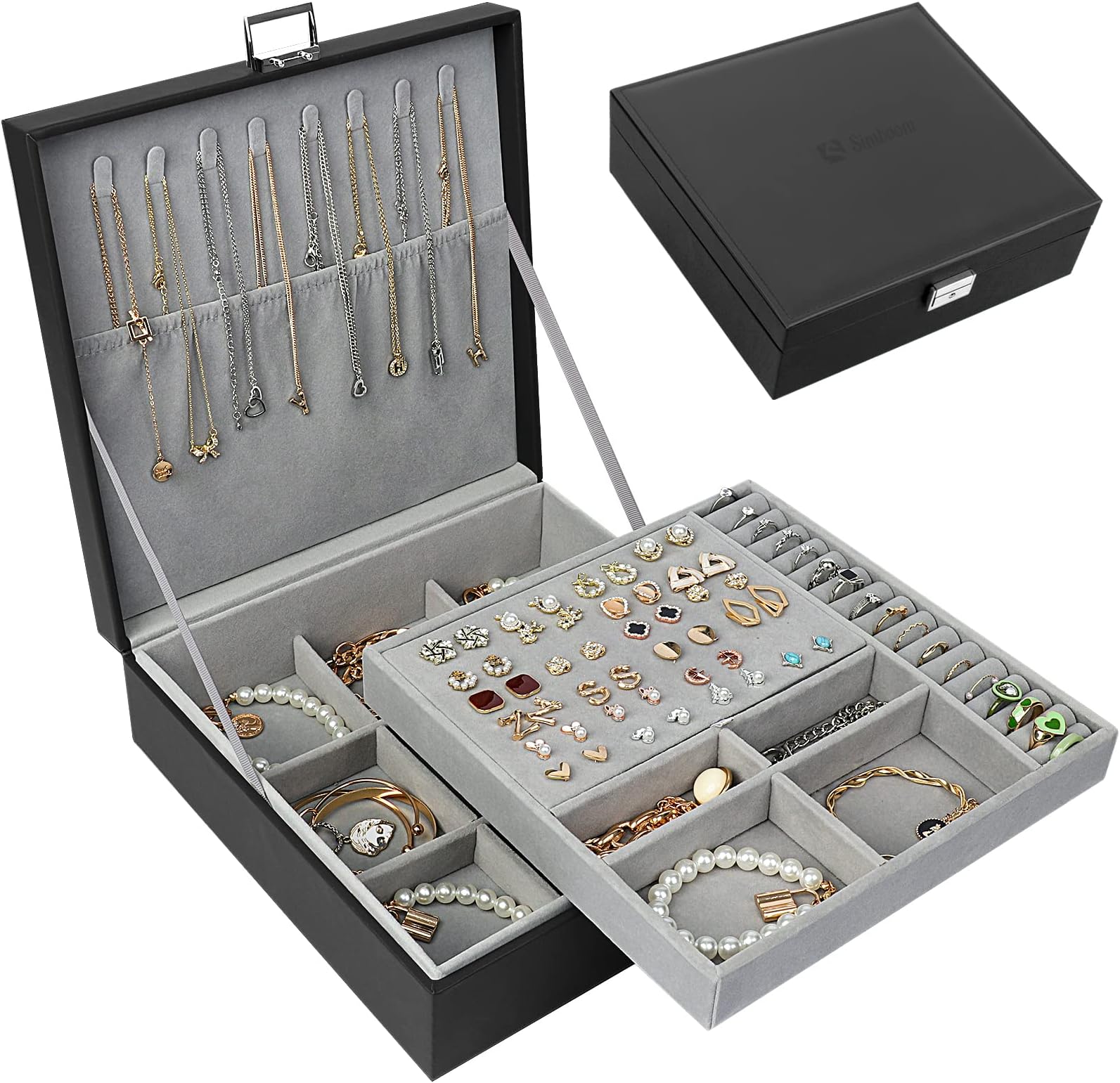 SIMBOOMJewelry Box Organizer for Women Girls, 2 Layer Large Jewelry Display Storage Case for Rings Earrings Necklaces Bracelets Watches, PU Leather Mens Jewelry Organizer Boxes with Lock, Black