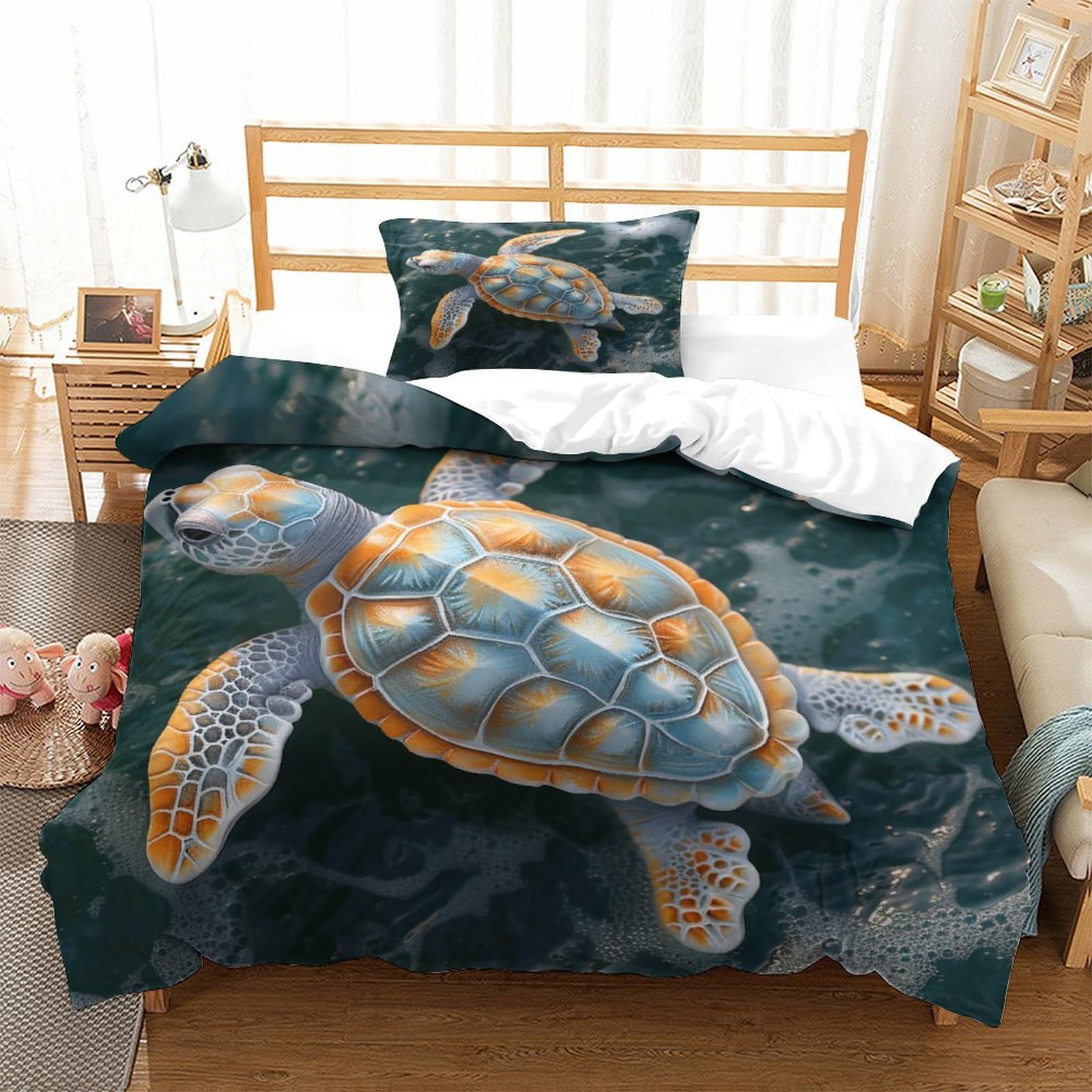P1s9u7w5y Sea Turtle-4 Realistic Ocean Turtle 3D Printed Duvet Cover Set 3Pcs Microfiber Sea Life Bedding Set Single（135X200cm）