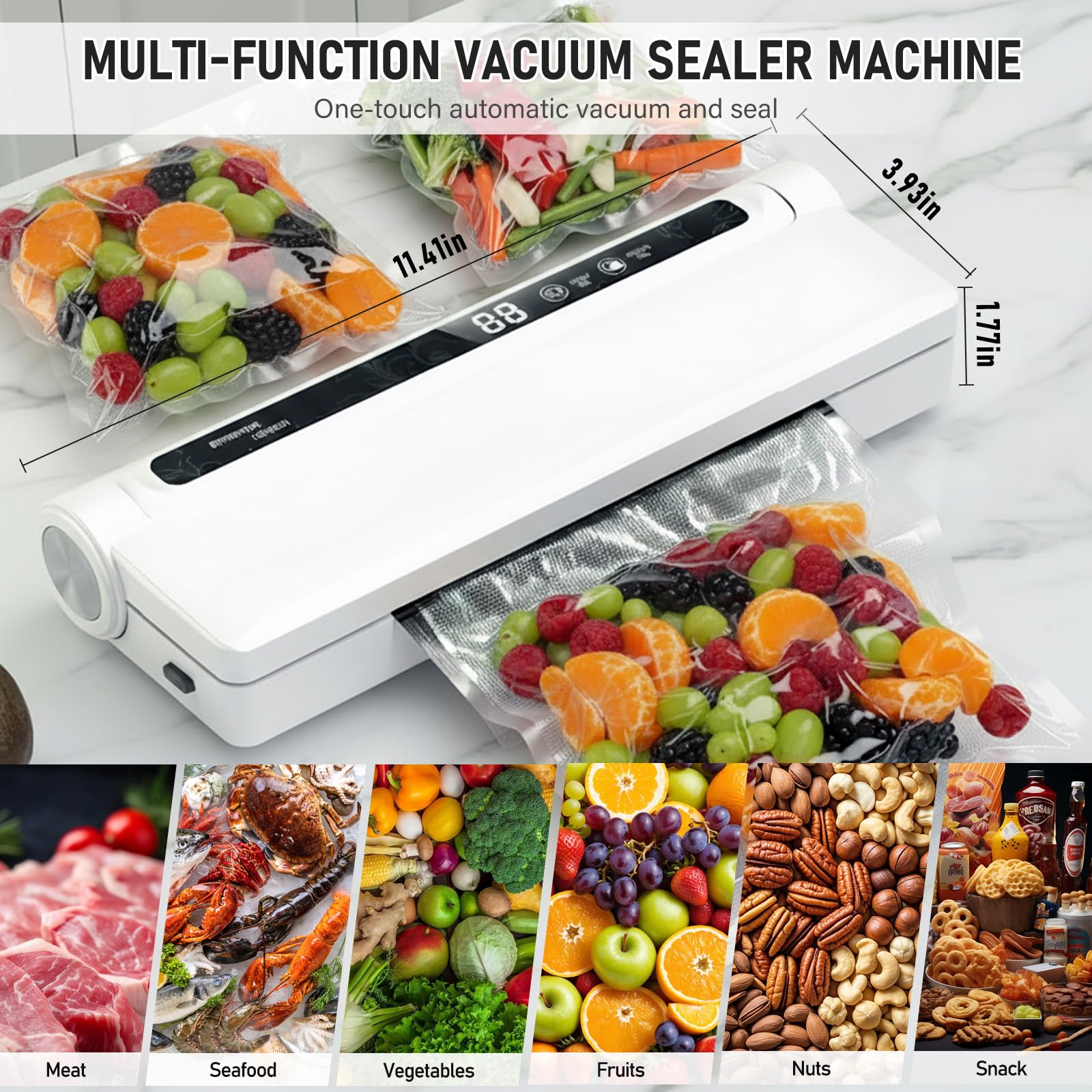 Machine Sous Vide Alimentaire, Avec 20 Sacs Sous Vide, Appareils de Mise Sous Vide Multifonction 2 en 1, Avec Mode Humide et sec pour Stockage de Fruits, Légumes, Pain, Viande, Aspiration de 60 kPa