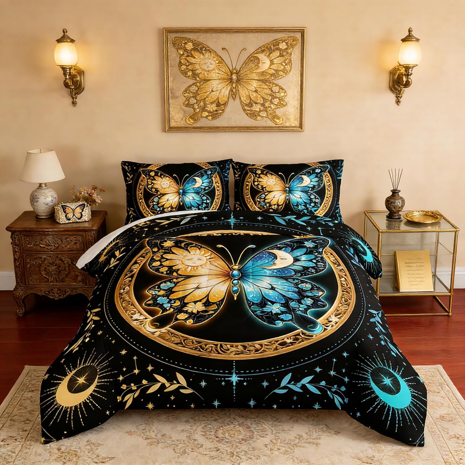 Butterfly Boho Bedding Sets, Twin Size, Blue Gold Sun and Moon Printed Comforter Bedding Sets for Kids Teens Girls Room Decor, Aesthetics Butterfly Comforter Sets with 2 Pillowcases