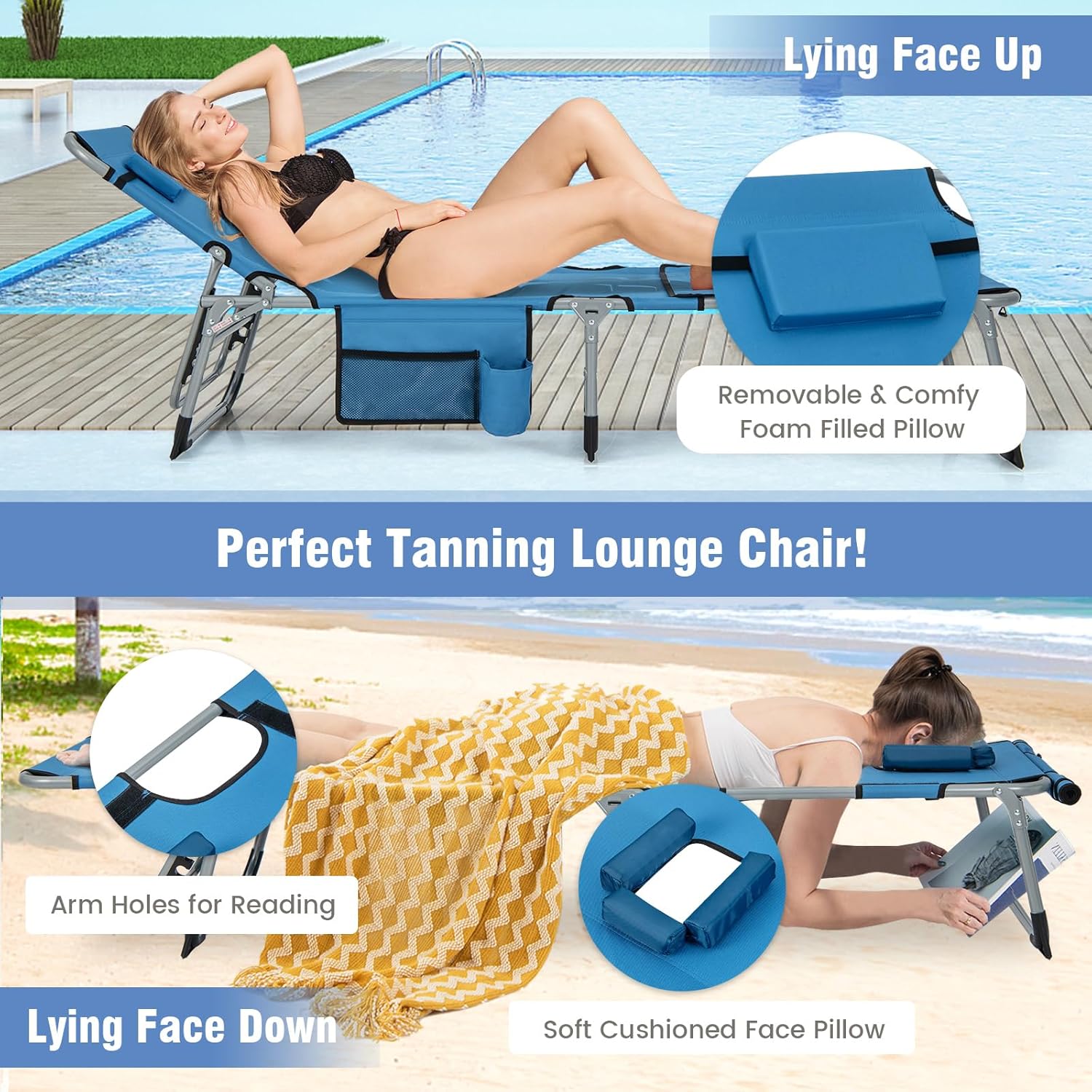 GYMAX Tanning Chair, 330LBS Beach Lounge Chair with Face Arm Hole & Hand Shoulder Strap, Folding Layout Sunbathing Chair, Face Down Outdoor Chaise Lounger for Patio, Poolside, Lawn, Backyard (1, Blue)