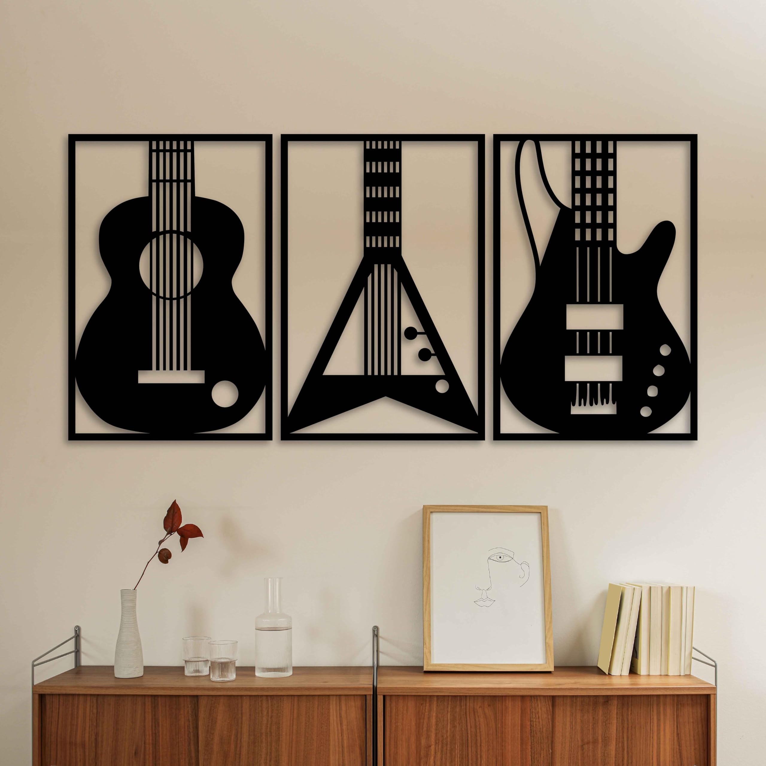 KAWA METALWORKS Decorazione da parete in metallo per la casa, 3 pezzi, decorazione da parete in metallo, moderna decorazione da parete in metallo per gli amanti della musica, regalo per chitarristi