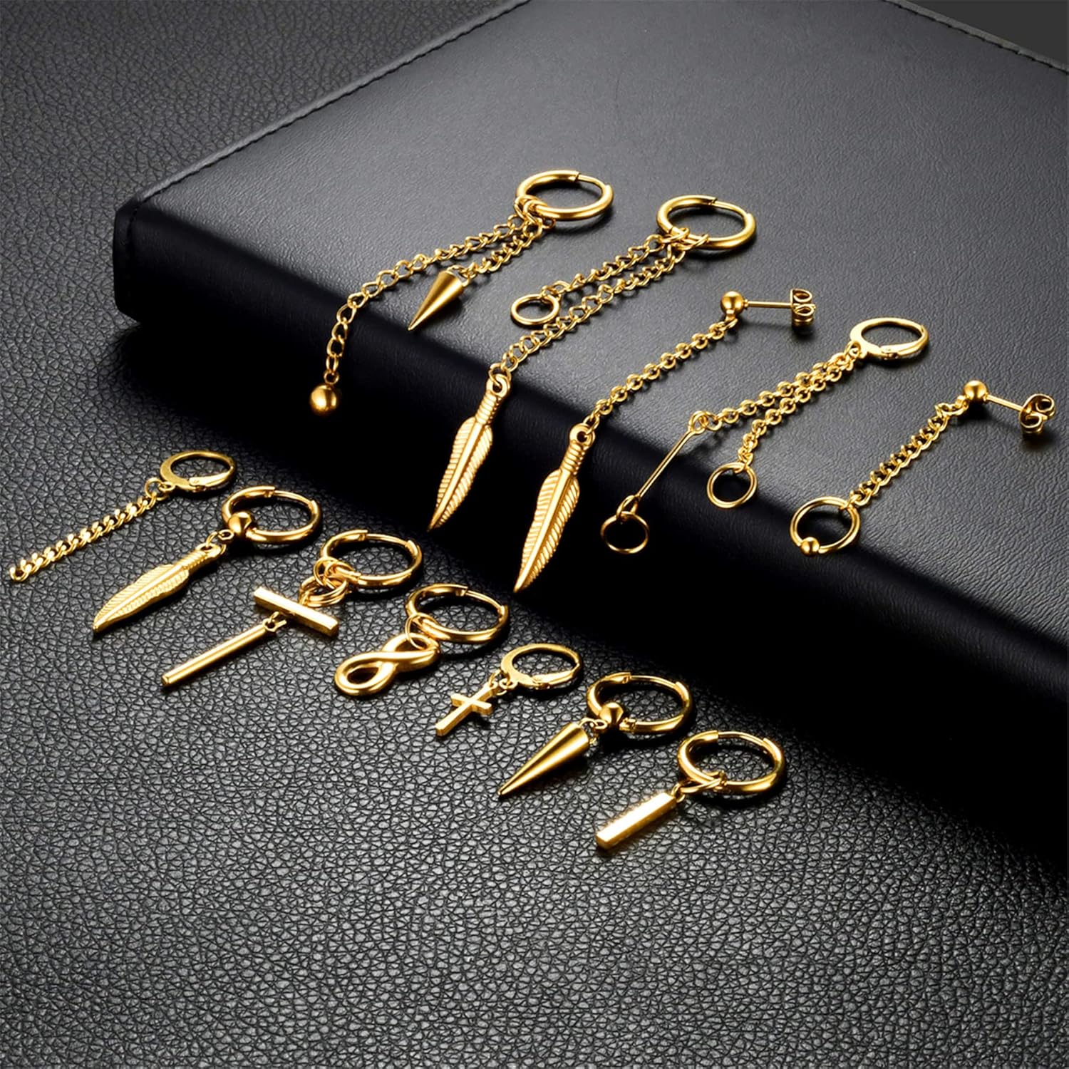 Aroncent Black Earrings for Men Stainless Steel Cross Dangle Earrings Huggie Hoop Earrings Feather Earrings Long Chain Earrings Valentines Day Gift