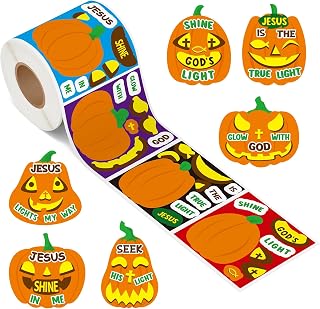 Haooryx Pumpkin Religious Sticker Roll - 300Pcs Cute Pumpkin Theme Face Stickers, Self-Adhesive Autumn DIY Decals, Mix and Match Jesus Religious Decors for Kids Party Favor VBS Sunday School Supplies