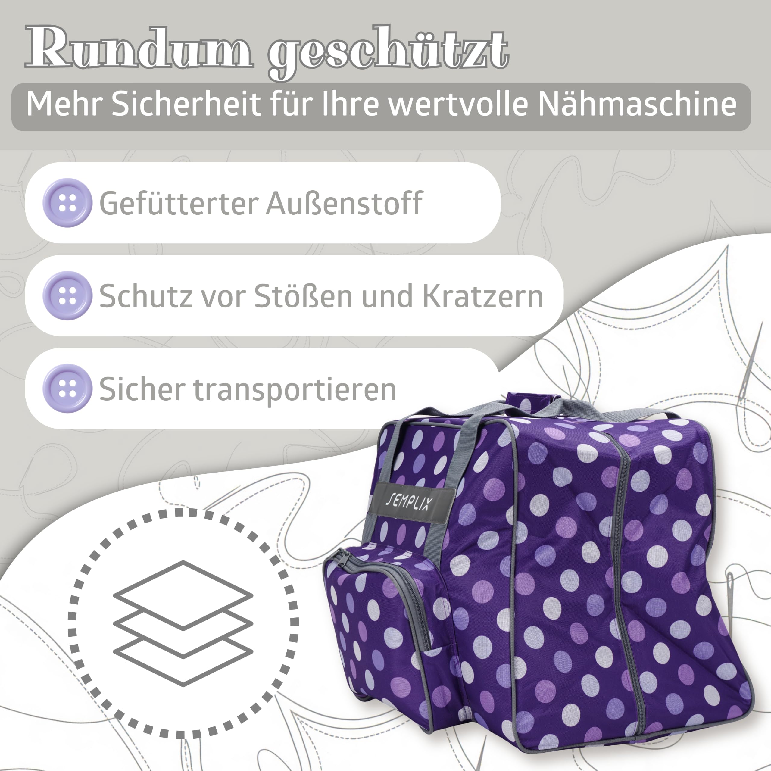 SEMPLIX Overlocktasche/Coverlocktasche Polka Dots, Groß, Stabil, für Transport/Aufbewahrung Aller gängiger Maschinen, Lila/Flieder 44x38x33 cm