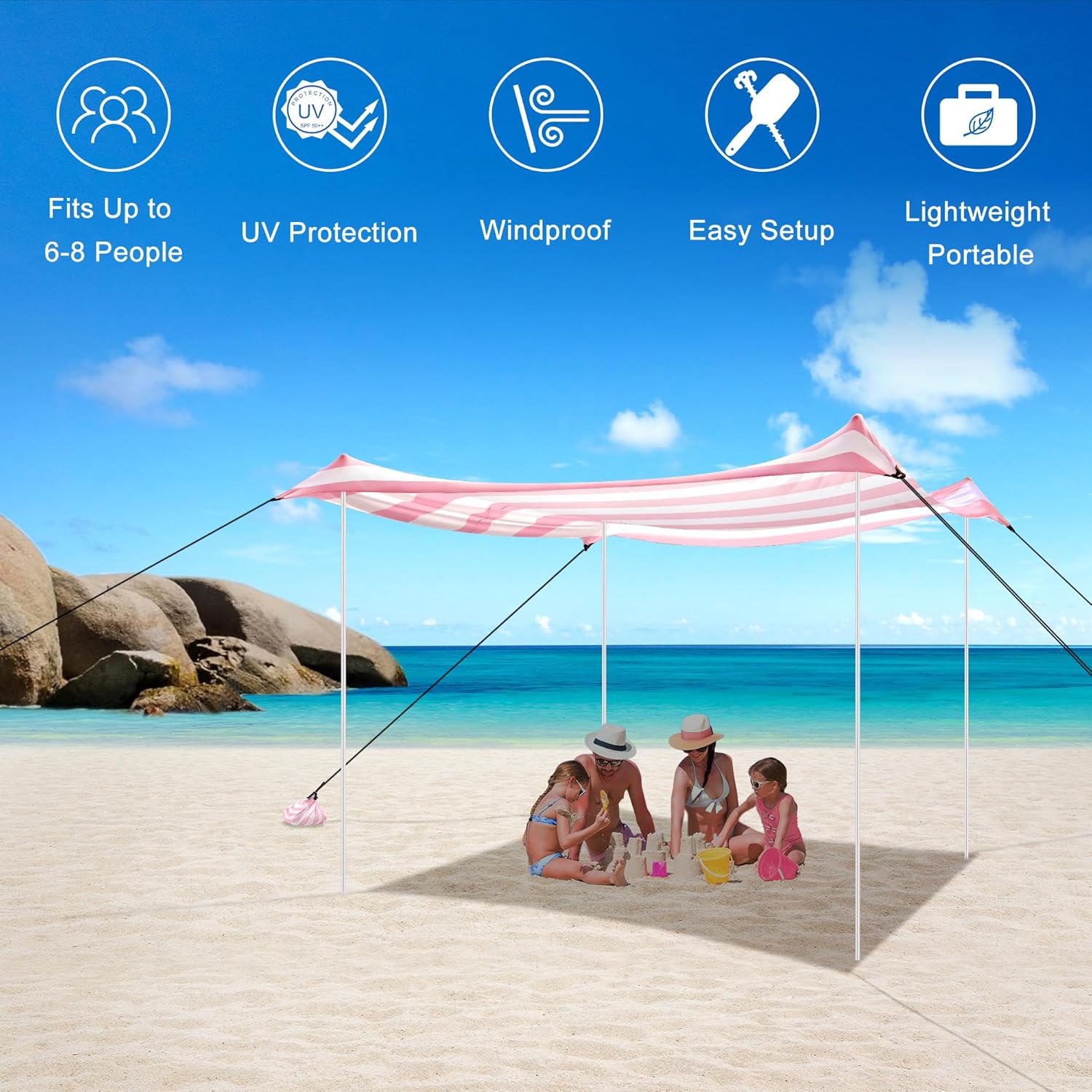 Beach Tent Canopy, UPF 50+ UV Protection Beach Sun Shade, Portable 10×10 FT Large Pop-Up Tent Sun Shelter with Sand Anchors, Ground Pegs, Easy Setup for Camping, Park, and Backyard Fun-Pink Stripe
